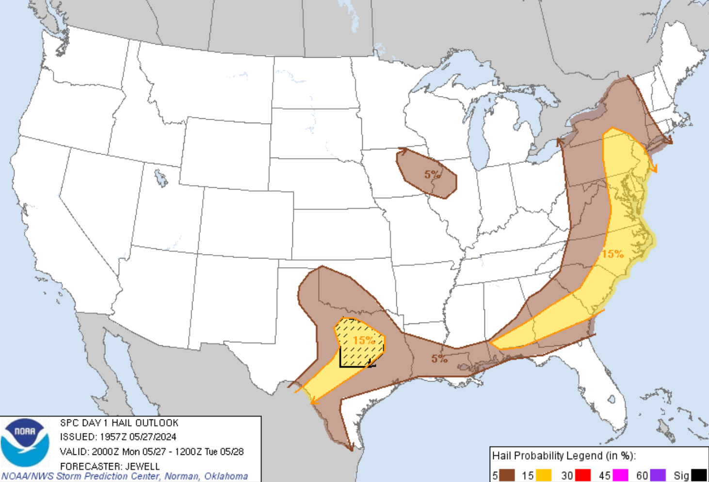 A map from the National Weather Service detailing hail probability on Monday evening through early Tuesday morning