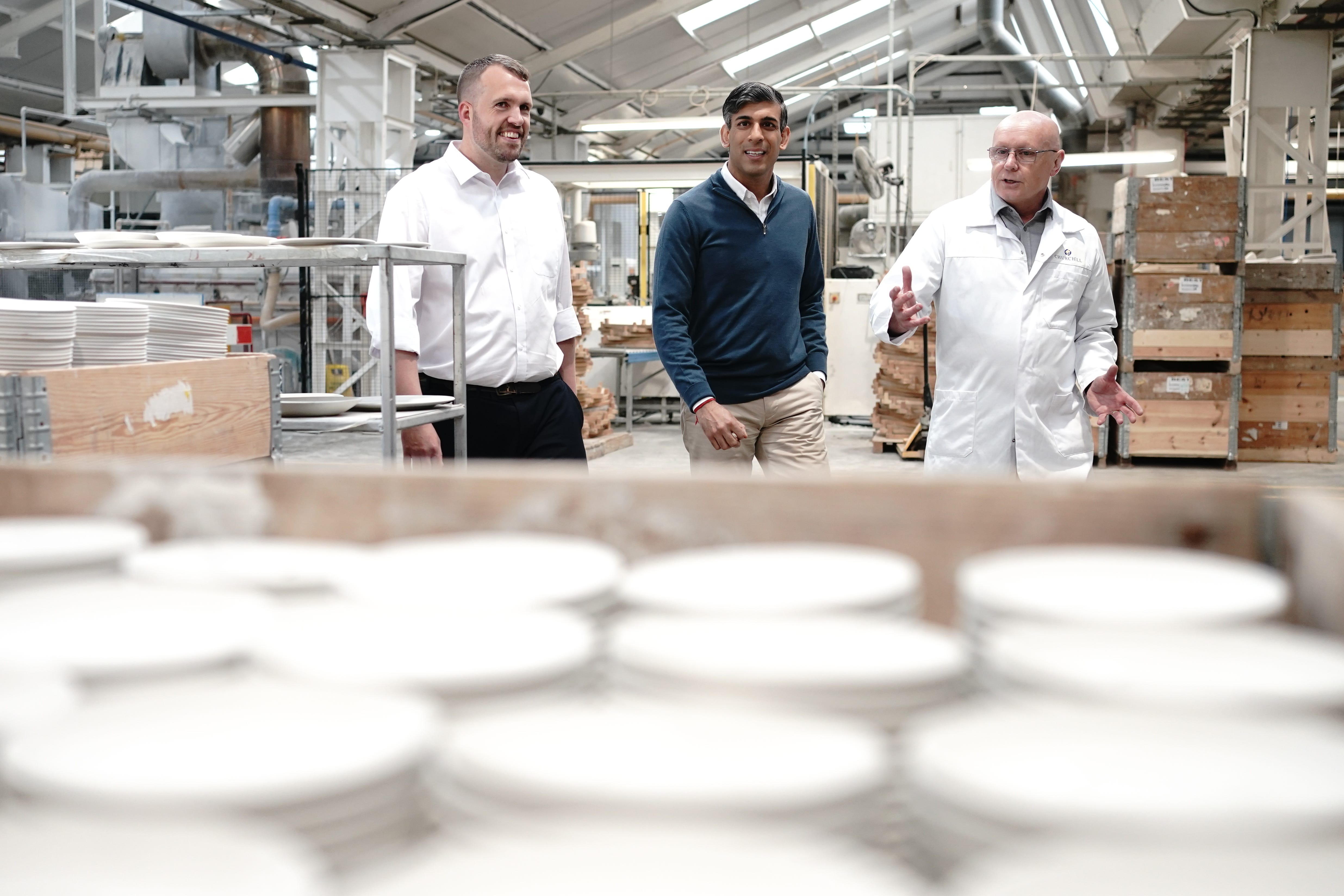 Prime Minister Rishi Sunak spent part of Tuesday visiting a pottery factory in Stoke-on-Trent, in a seat Labour is targeting at the election (Aaron Chown/PA)