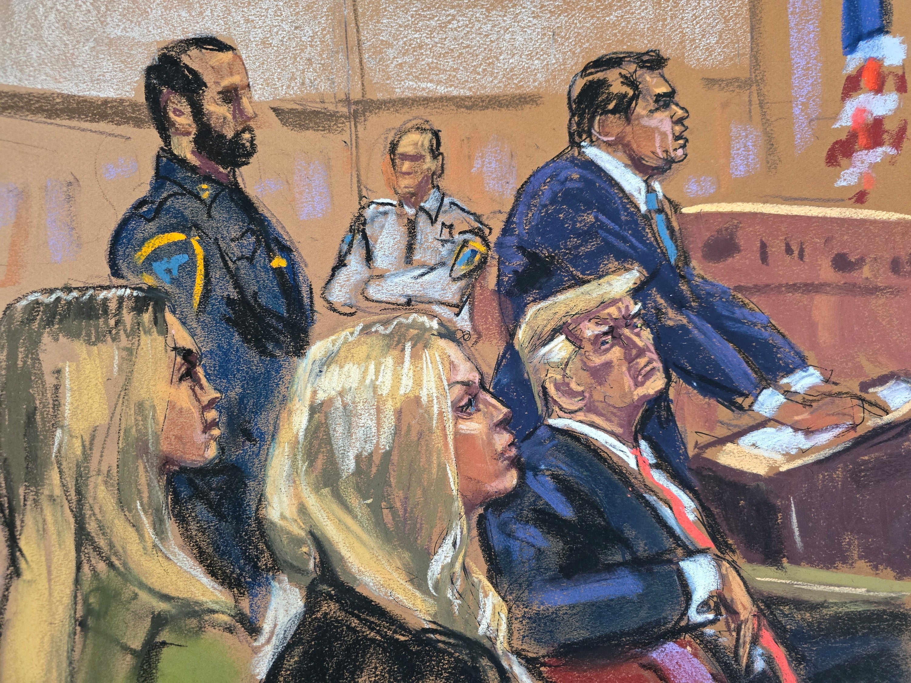 A courtroom sketch depicts Tiffany Trump and Eric Trump’s wife Lara and Donald Trump as defense lawyer Todd Blanche presents closing arguments during his hush money trial on May 28.