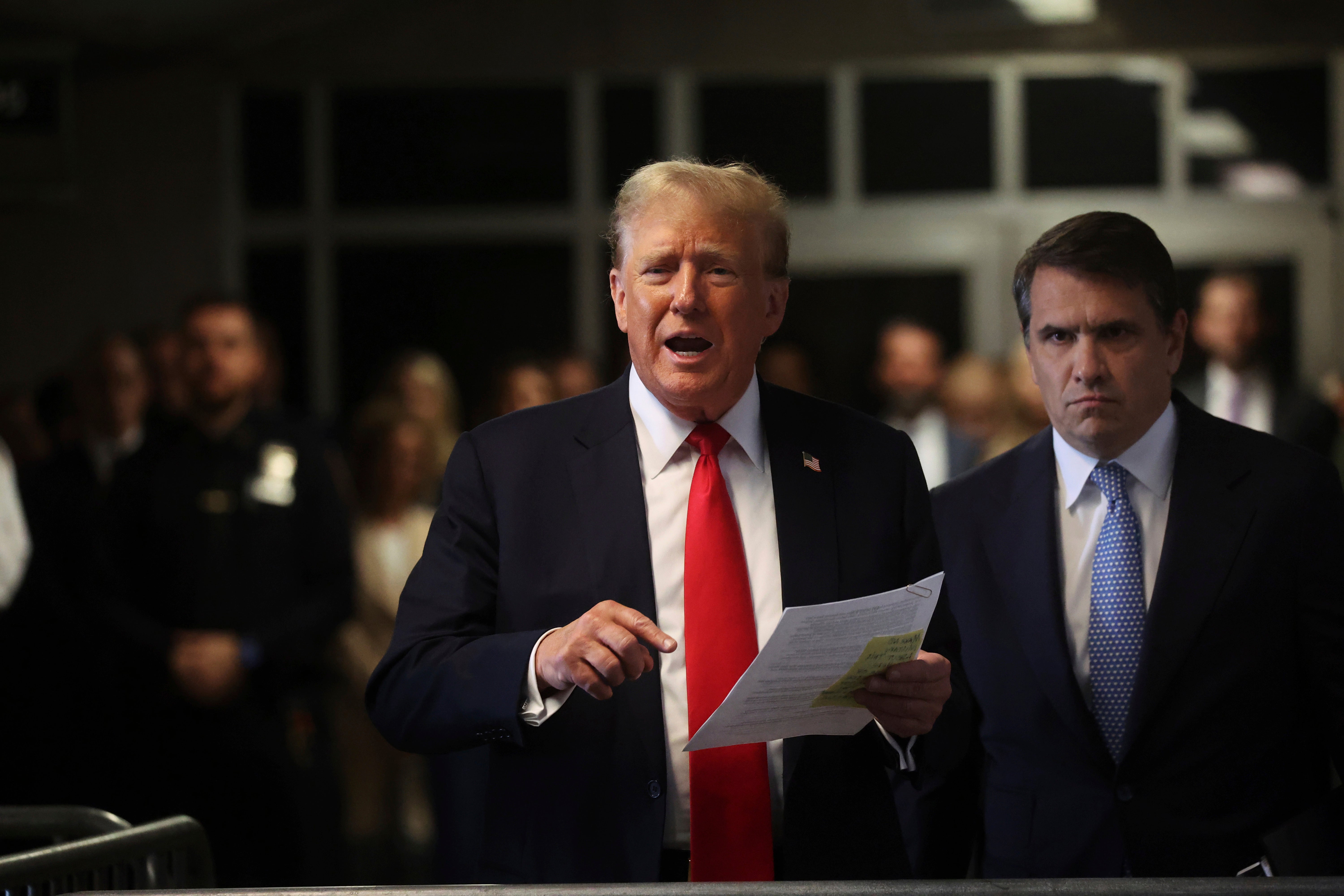 Former President Donald Trump and his lawyer, Todd Blanche, arrive at Manhattan criminal court for closing arguments in Trump's criminal hush money trial in New York, on 28 May 2024