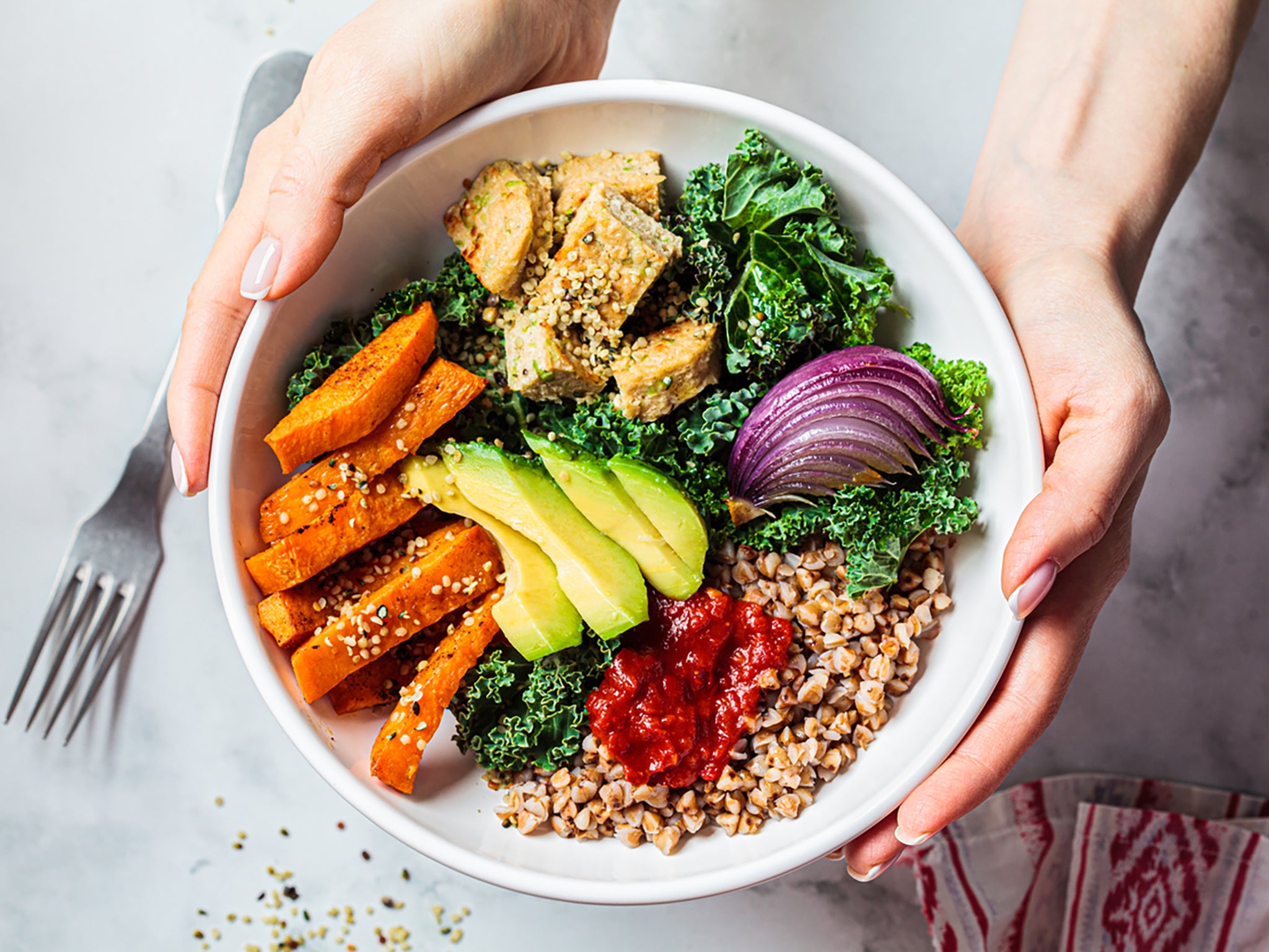 Half veggies, a quarter grains and quarter protein is the rule of thumb for gut-loving buddha bowls