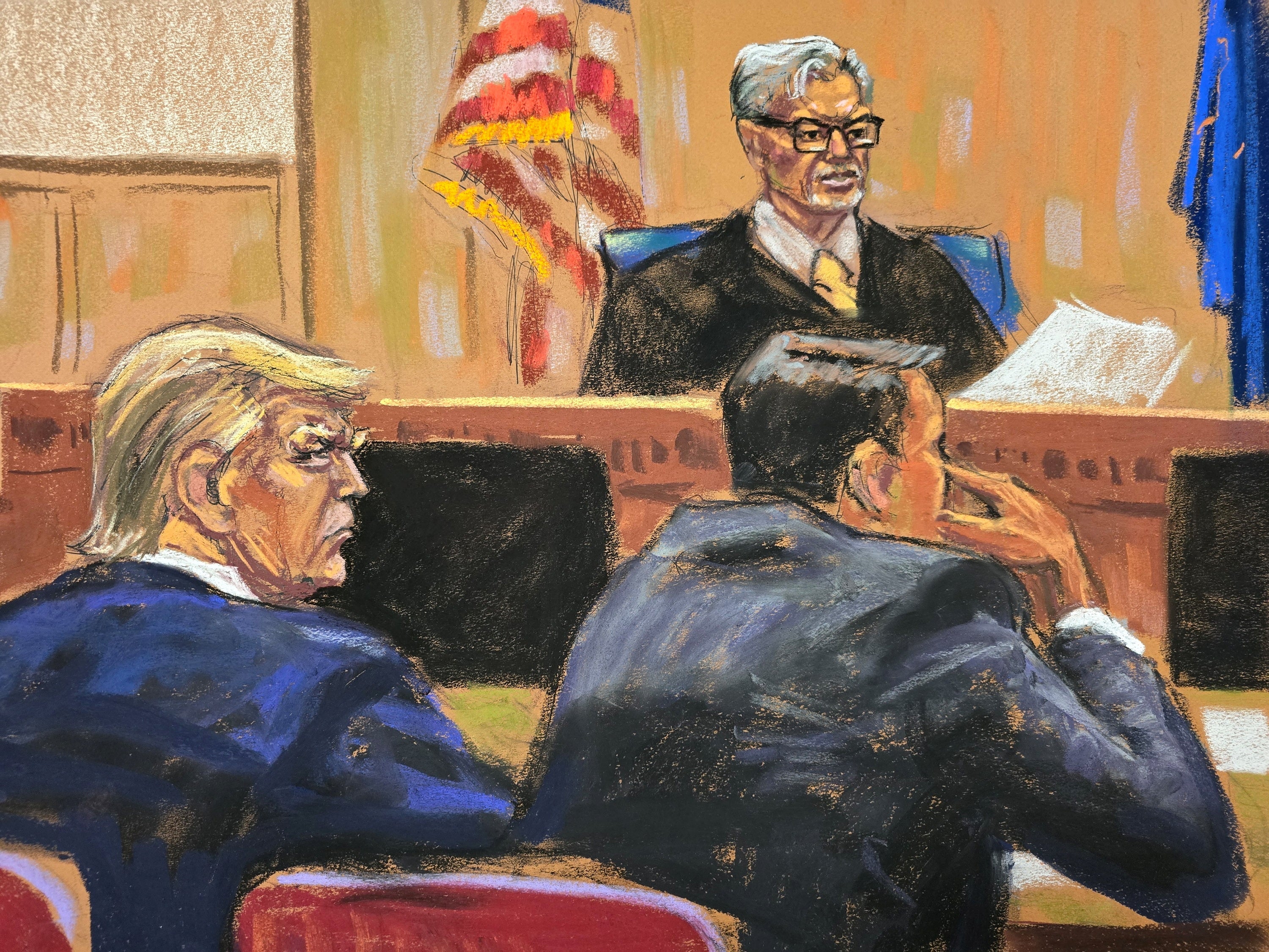 A courtroom sketch depicts Justice Juan Merchan instructing jurors on May 29 while Donald Trump and attorney Todd Blanche watch from the defense table.