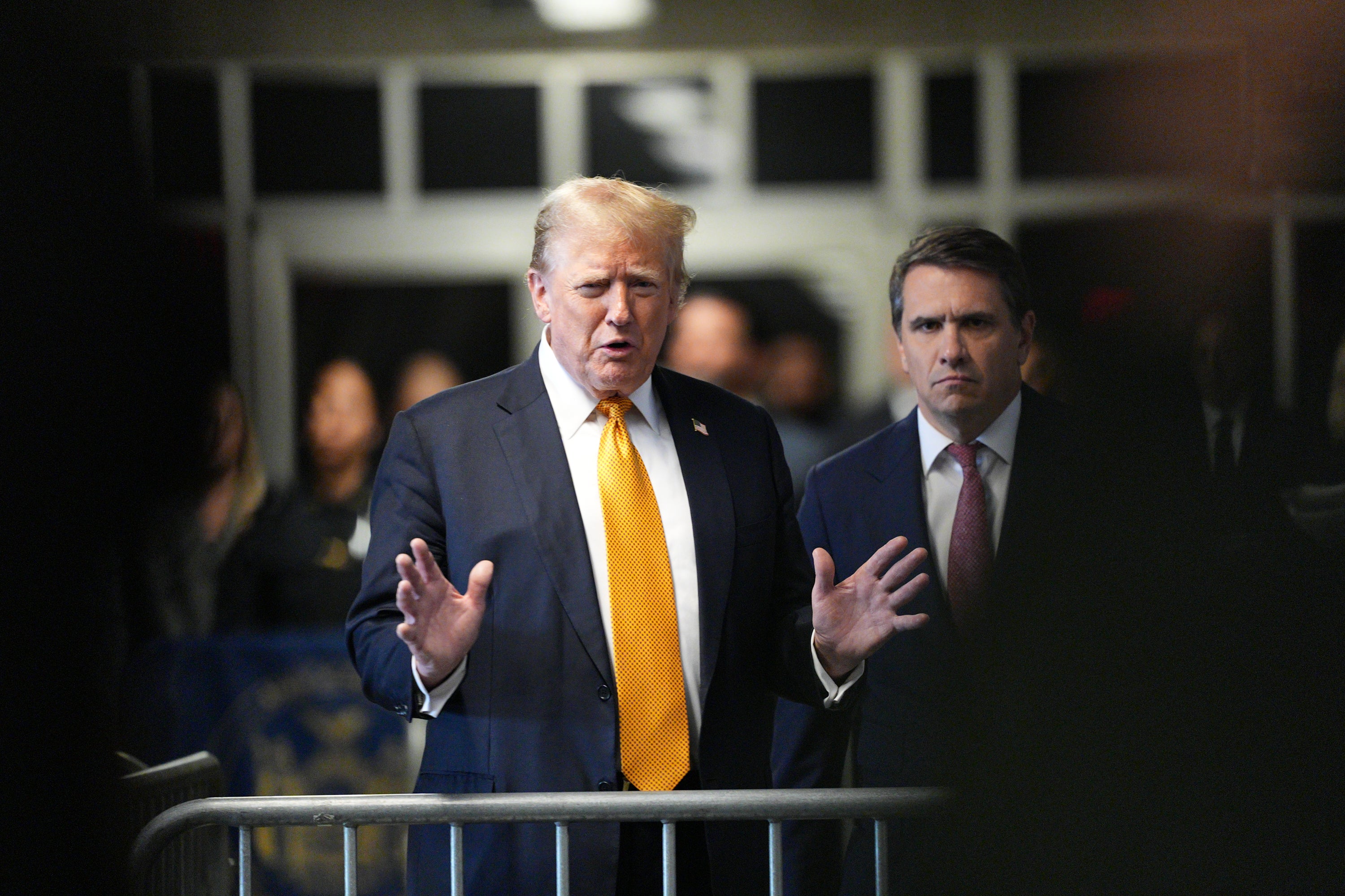 Donald Trumps speaks to reporters in a criminal courthouse in Manhattan on May 29.