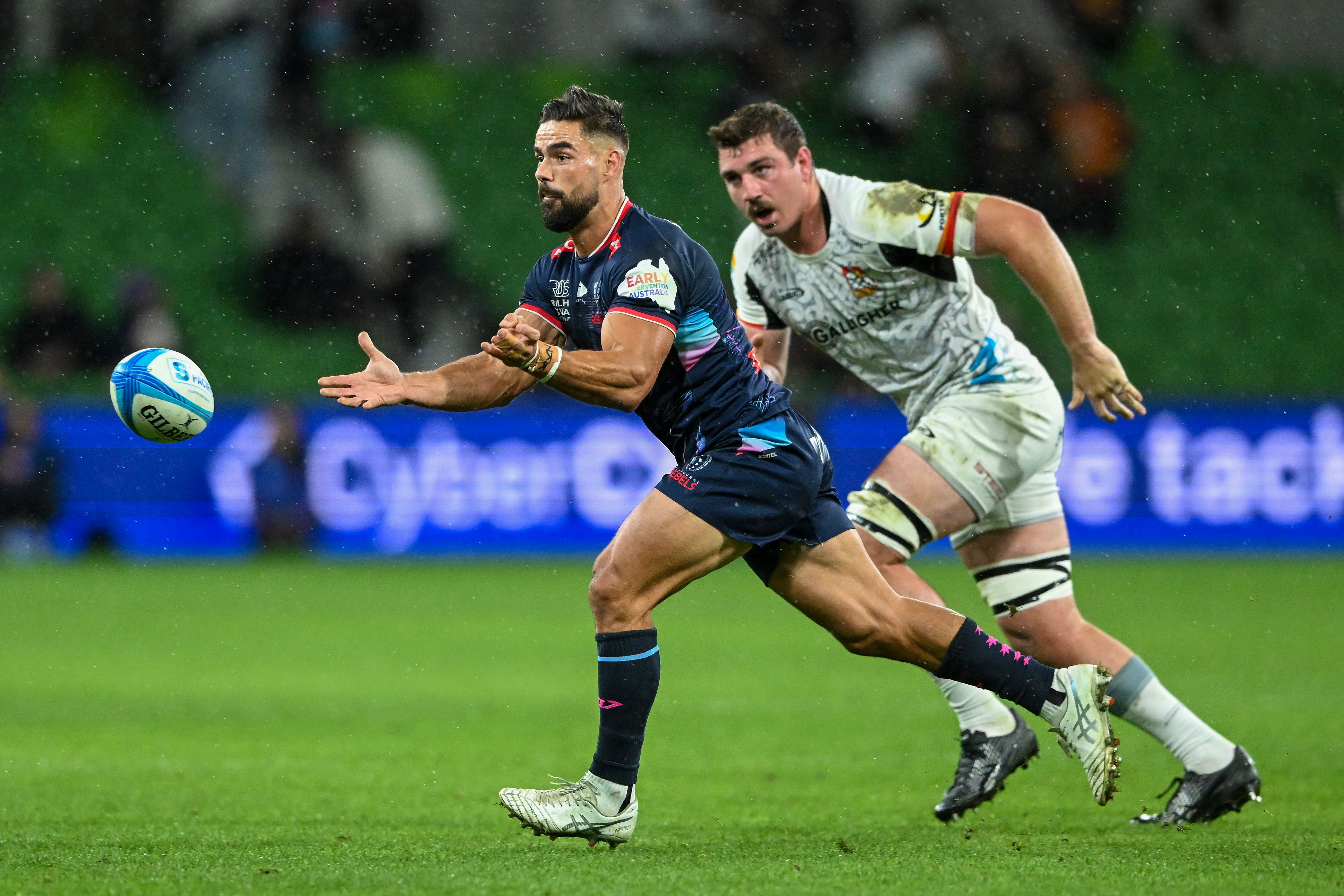 Ryan Louwrens of the Rebels, left, against the Chiefs in the club’s final regular season home match (AP)