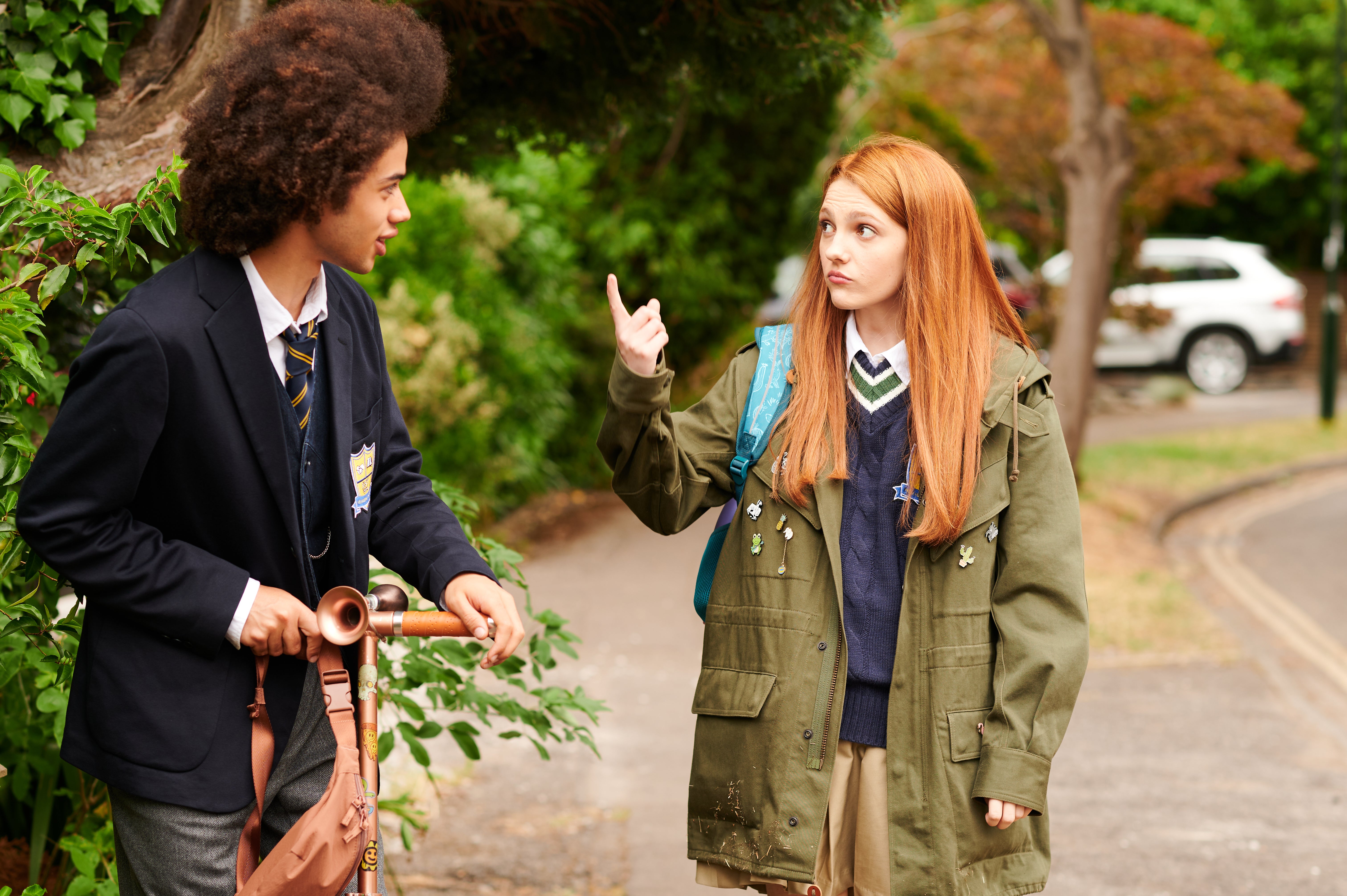 Carey as Harriet Manners – a 16-year-old who is bullied after she is scouted by a modelling agency on a field trip – with Zac Looker in ‘Geek Girl'