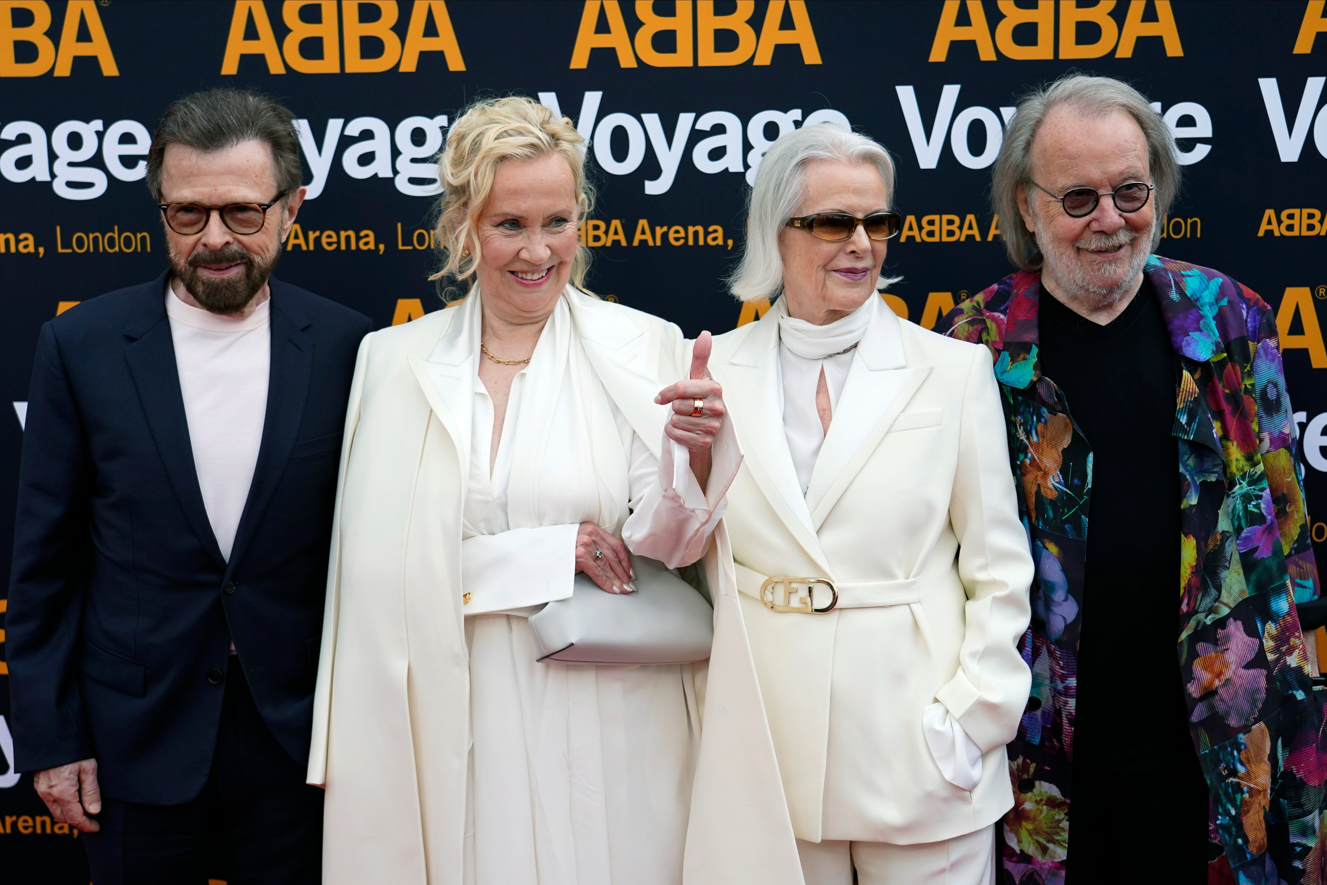 From left, Bjorn Ulvaeus, Agnetha Faltskog, Anni-Frid Lyngstad and Benny Andersson arrive for the ABBA Voyage concert at the ABBA Arena in London, May 2022