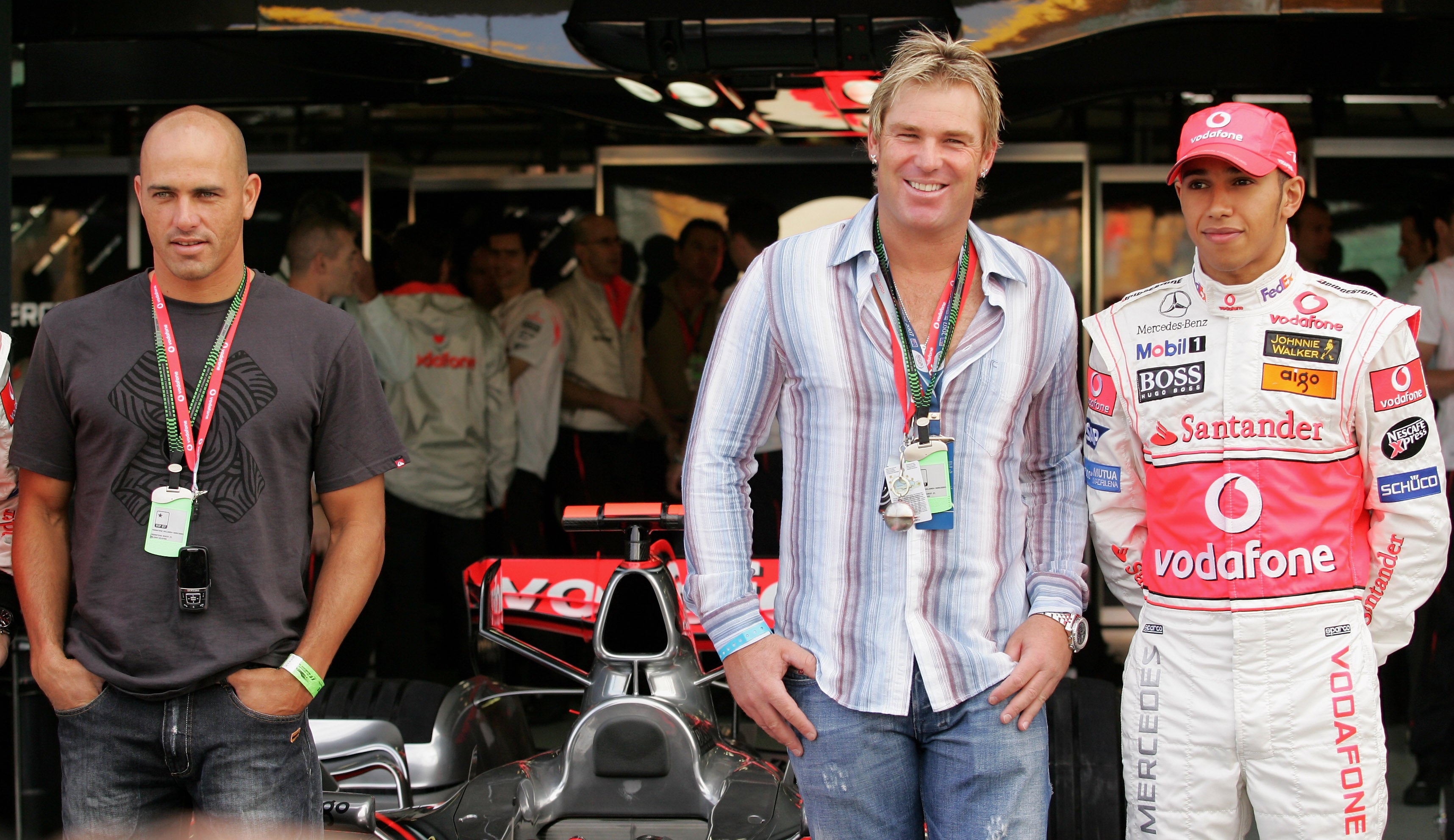 Lewis Hamilton Kelly Slater and Shane Warne at the Australian Cricket in 2007