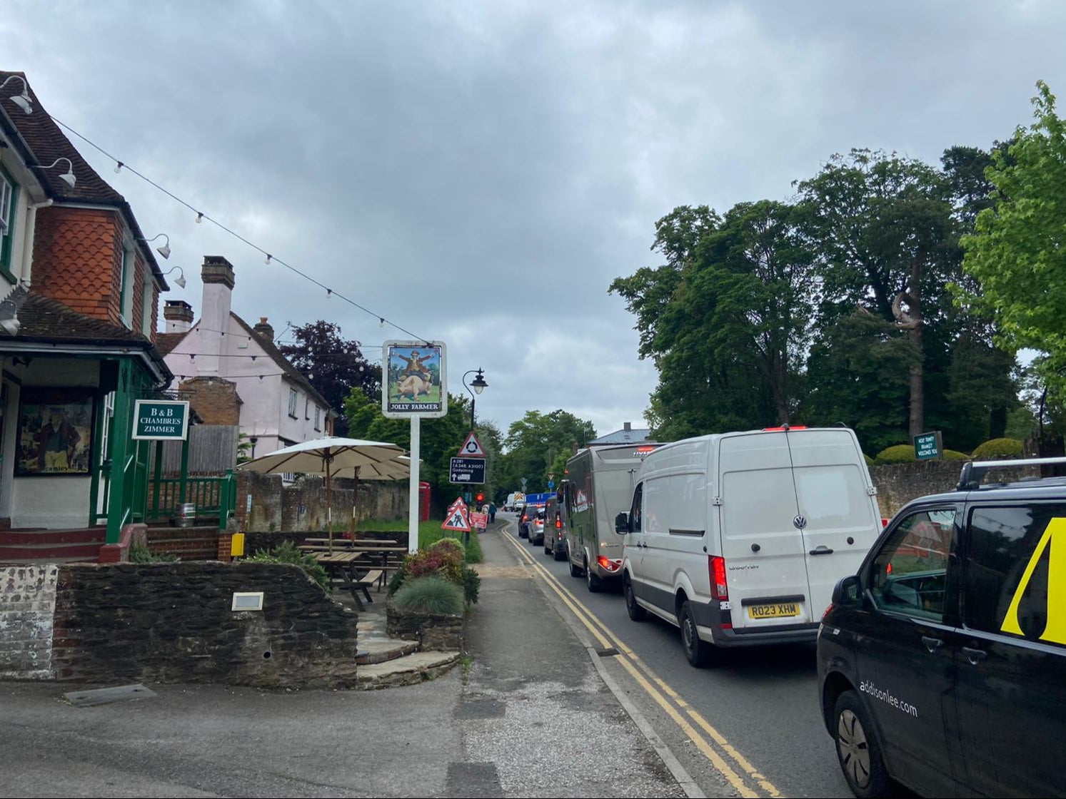 Roadworks at the petrol station can be seen in the distance from the Jolly Farmer pub