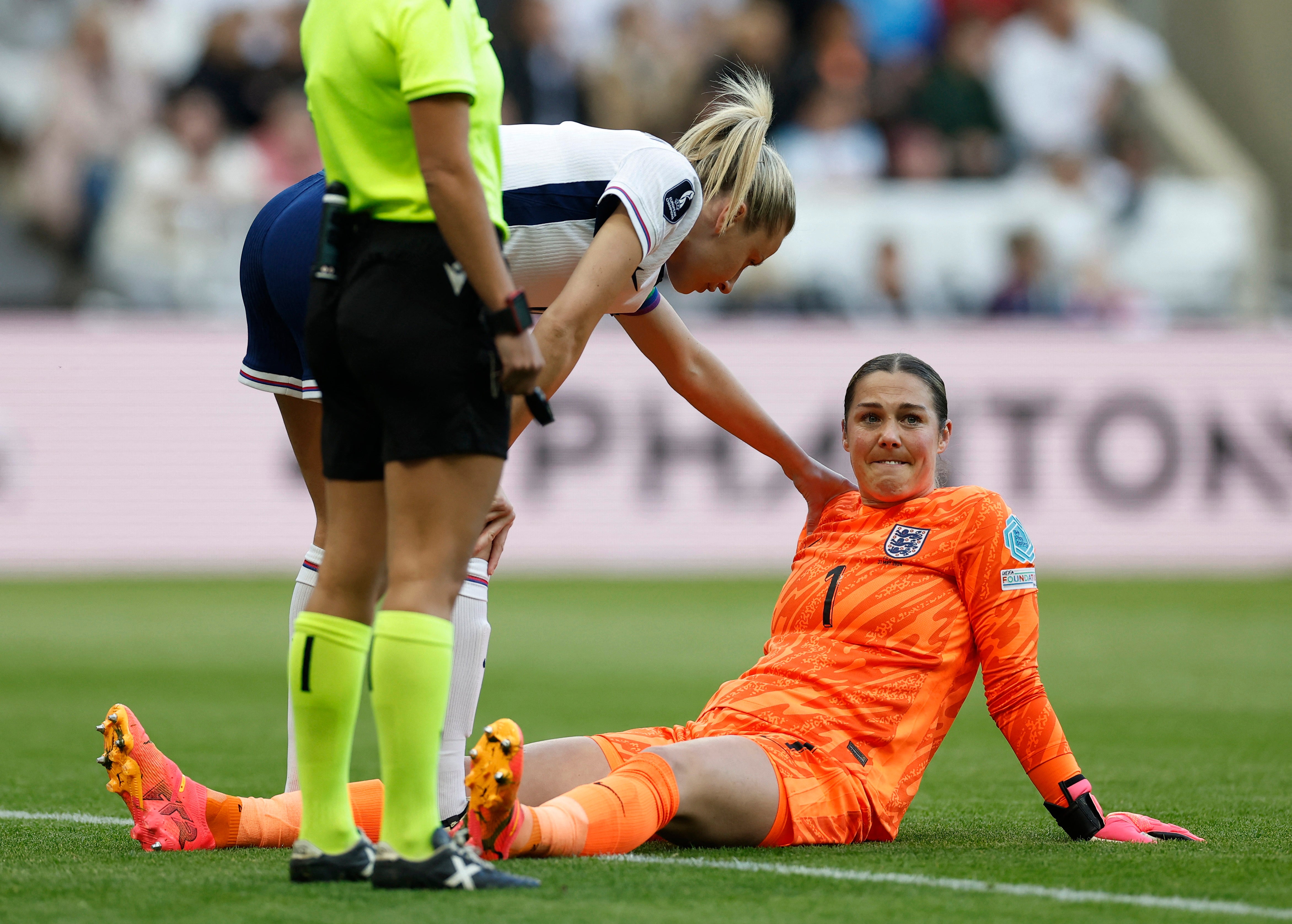 Mary Earps picked up an injury early in the game and was seen on crutches at the end of the match