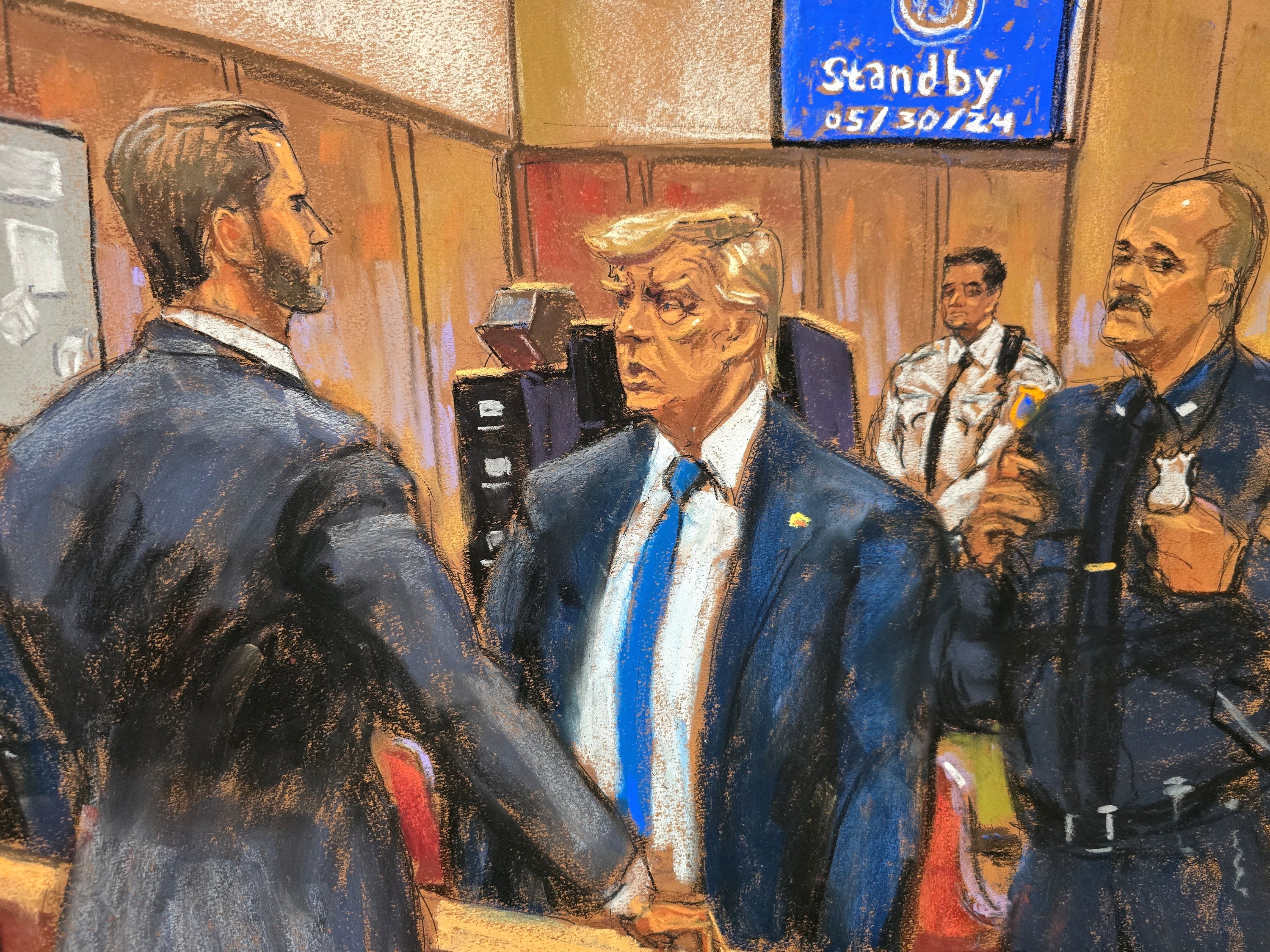 A courtroom sketch depicts Donald Trump shaking his son Eric Trump’s hand after he was convicted of 34 counts of falsifying business records on May 30