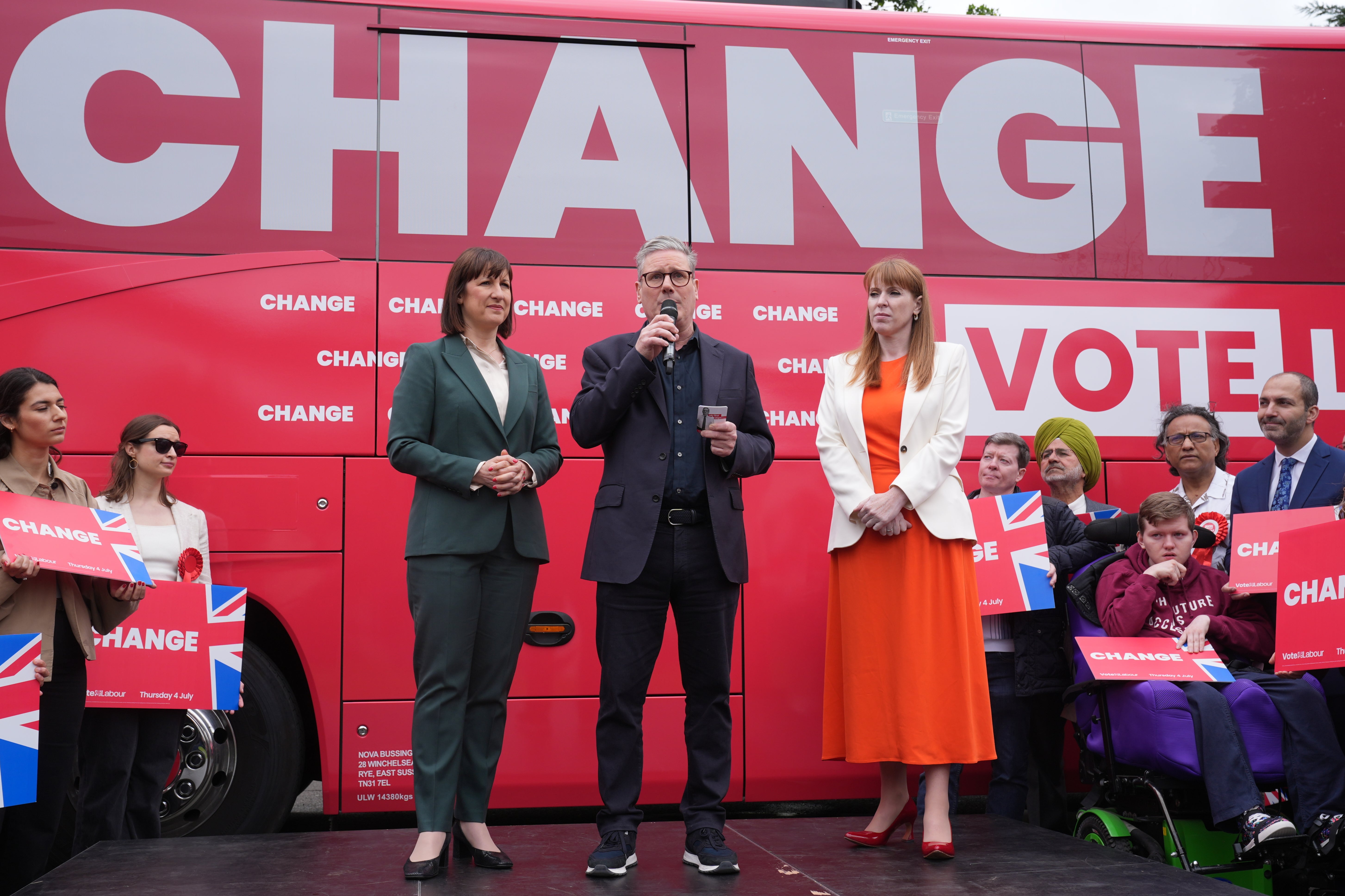 (From left to right) Shadow chancellor Rachel Reeves, Labour Party leader Sir Keir Starmer and deputy Labour leader Angela Rayner, at the launch event for Labour’s campaign bus at Uxbridge College, London