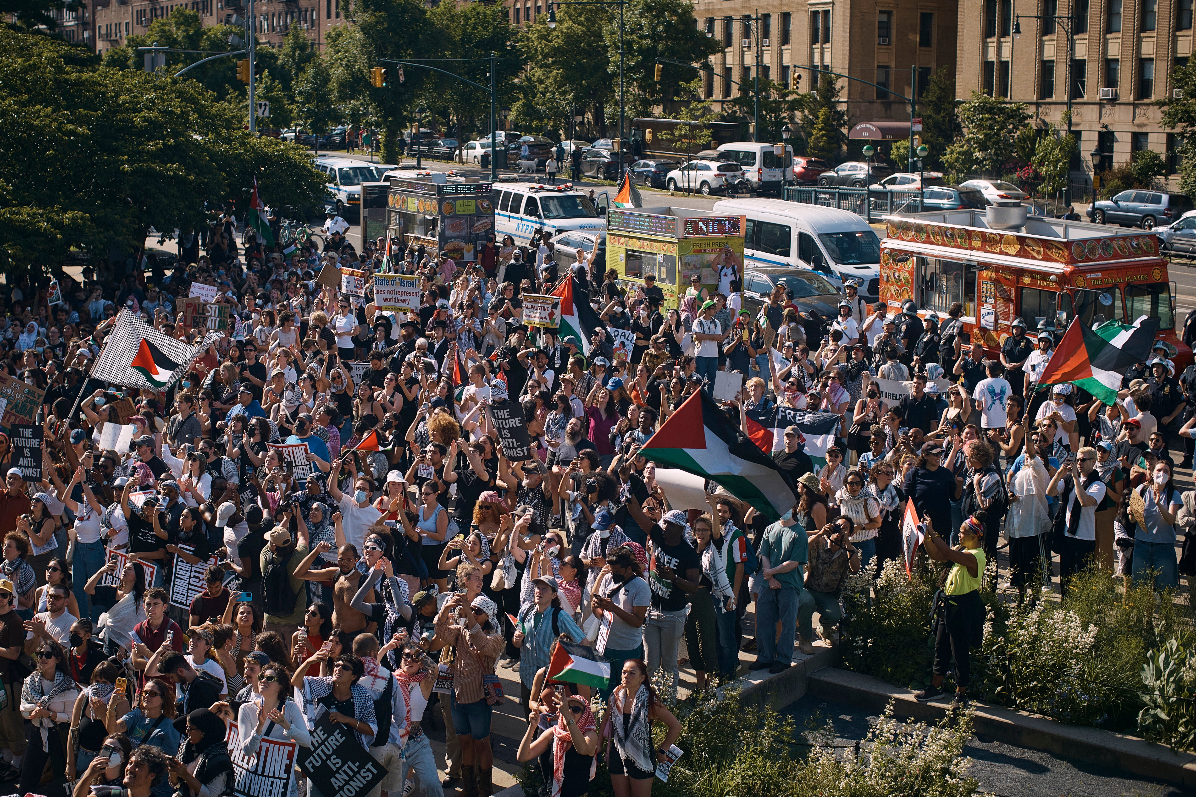 Pro-Palestinian protesters gather in front of the Brooklyn Museum during a protest demanding a permanent cease-fire in Gaza on Friday, May 31, 2024, in the Brooklyn borough of New York