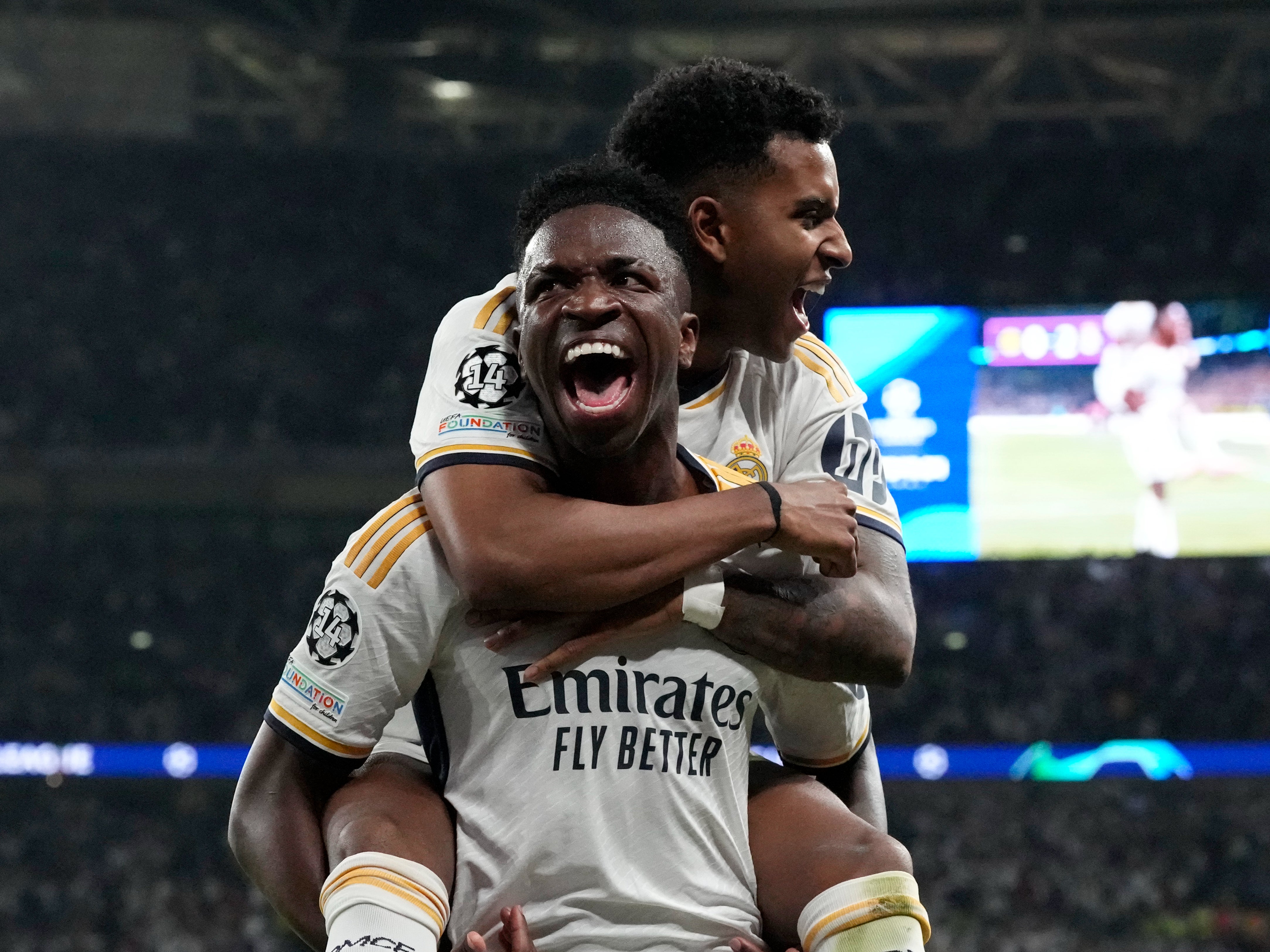 Real Madrid's Vinicius Jr celebrates with Rodrygo after scoring