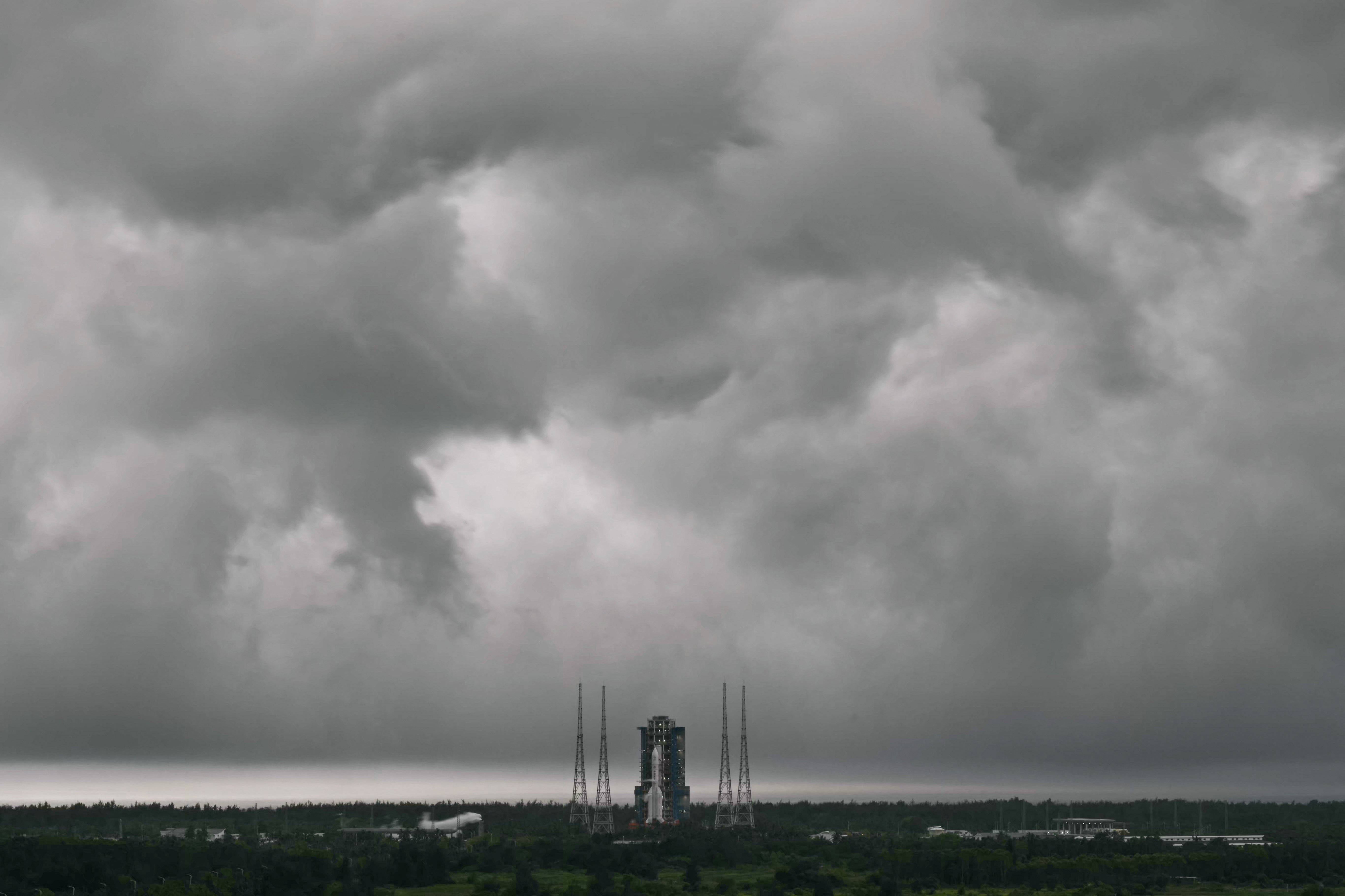 This picture shows a Long March-5 rocket, carrying the Chang’e-6 mission lunar probe, at the Wenchang Space Launch Centre in southern China’s Hainan Province on 3 May 2024