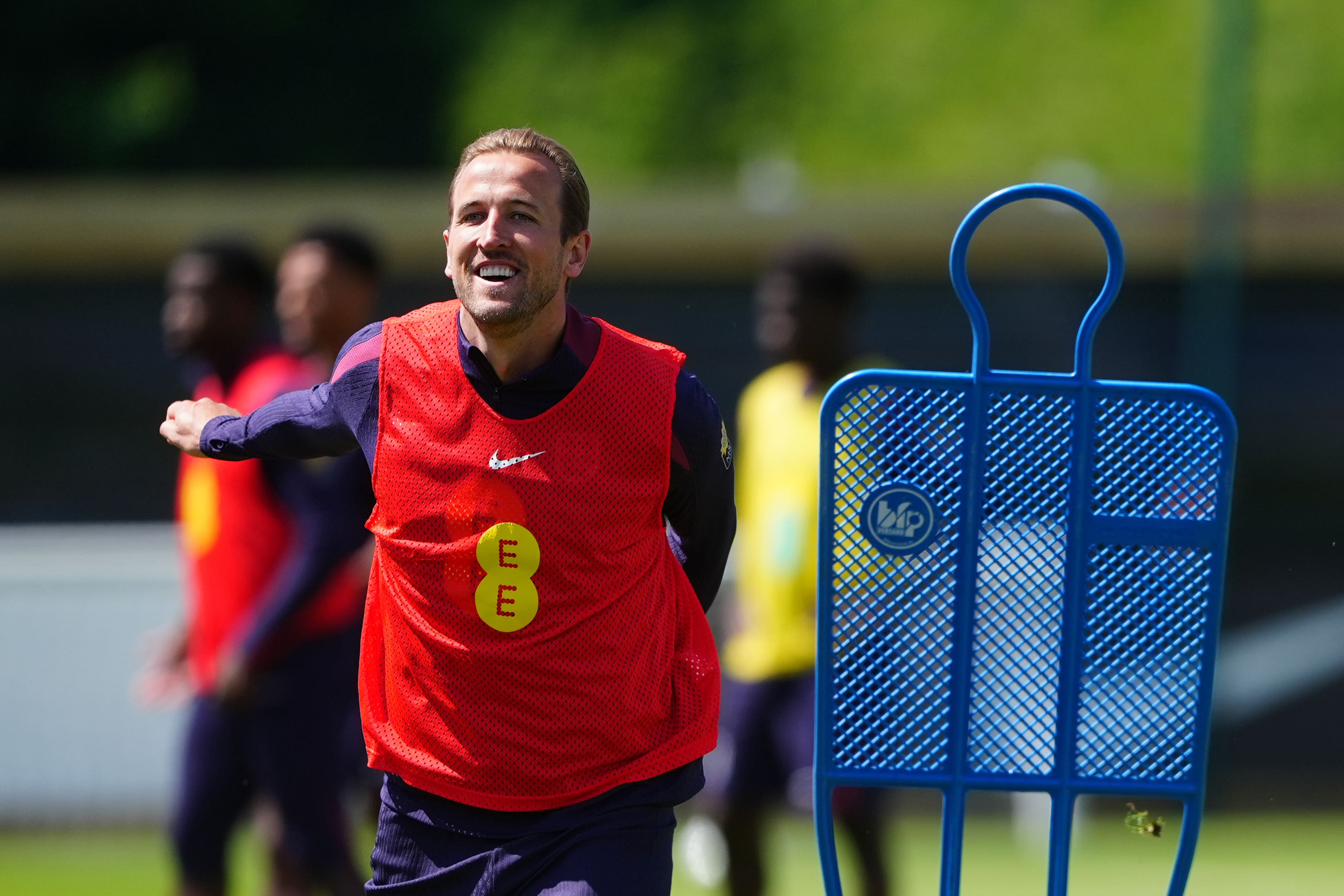 Harry Kane trains with England at Rockliffe Park (Owen Humphreys/PA)