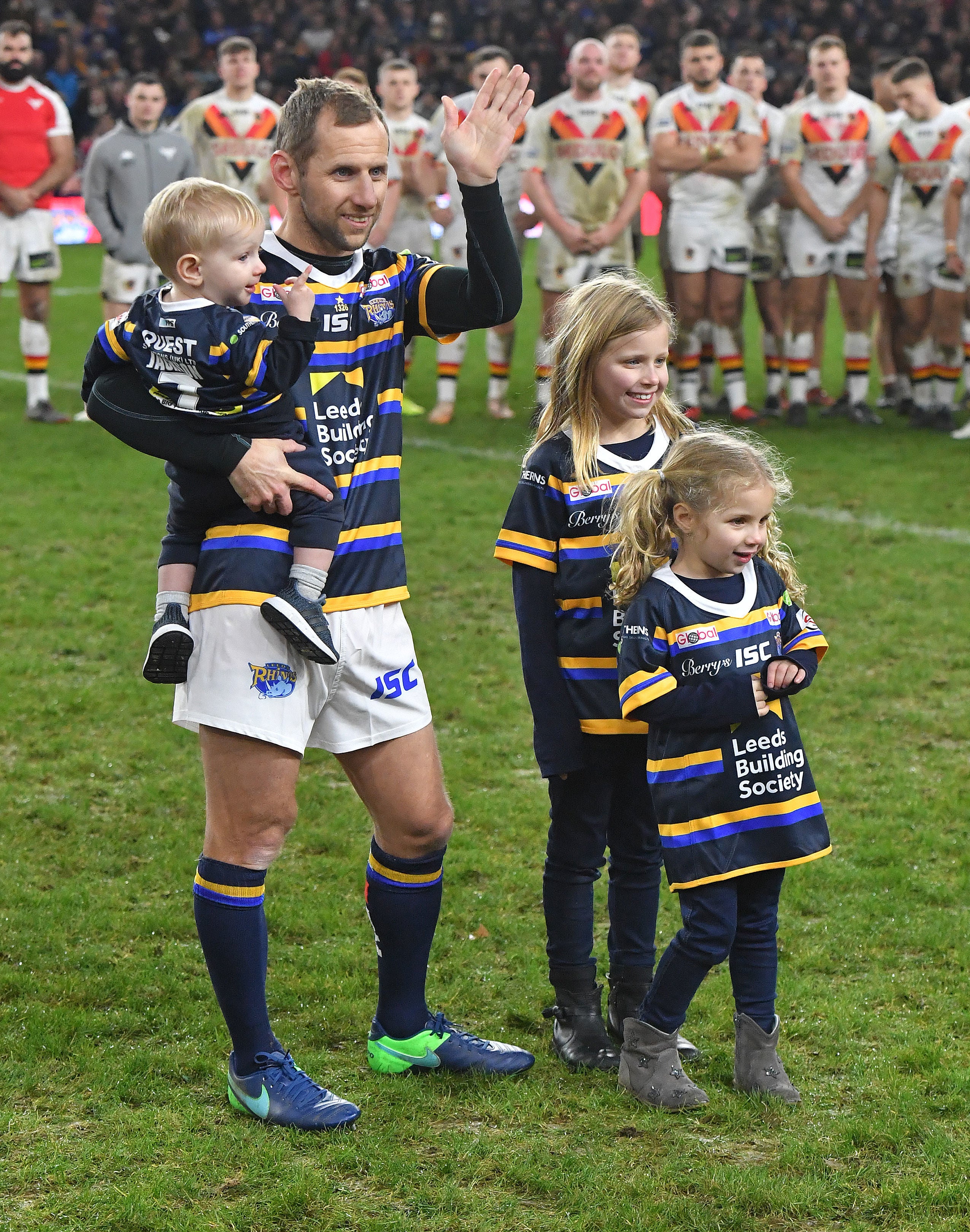 Rob Burrow with his children Macy, Maya and Jackson after the Jamie-Jones Buchanan Testimonial match at Emerald Headingley, Leeds