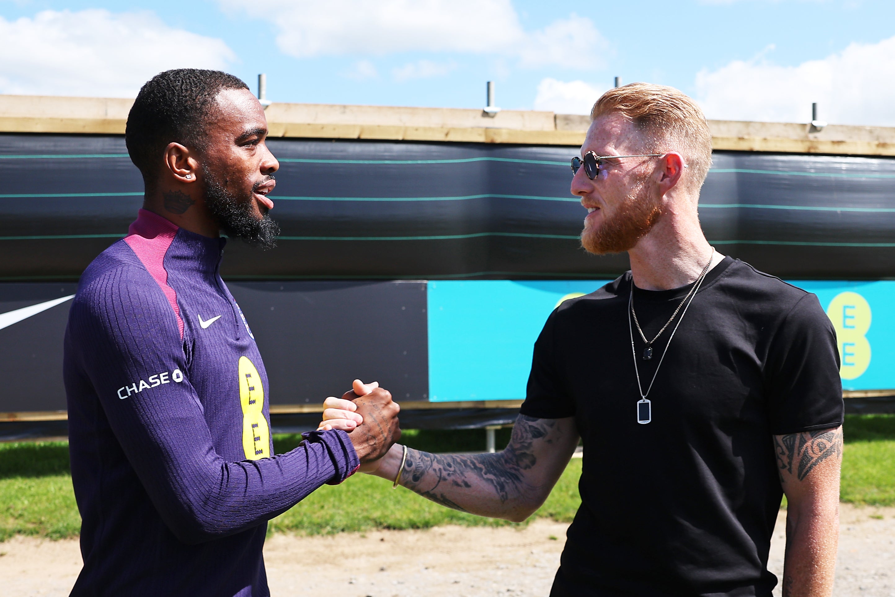 Ben Stokes shakes hands with Englnd striker Ivan Toney