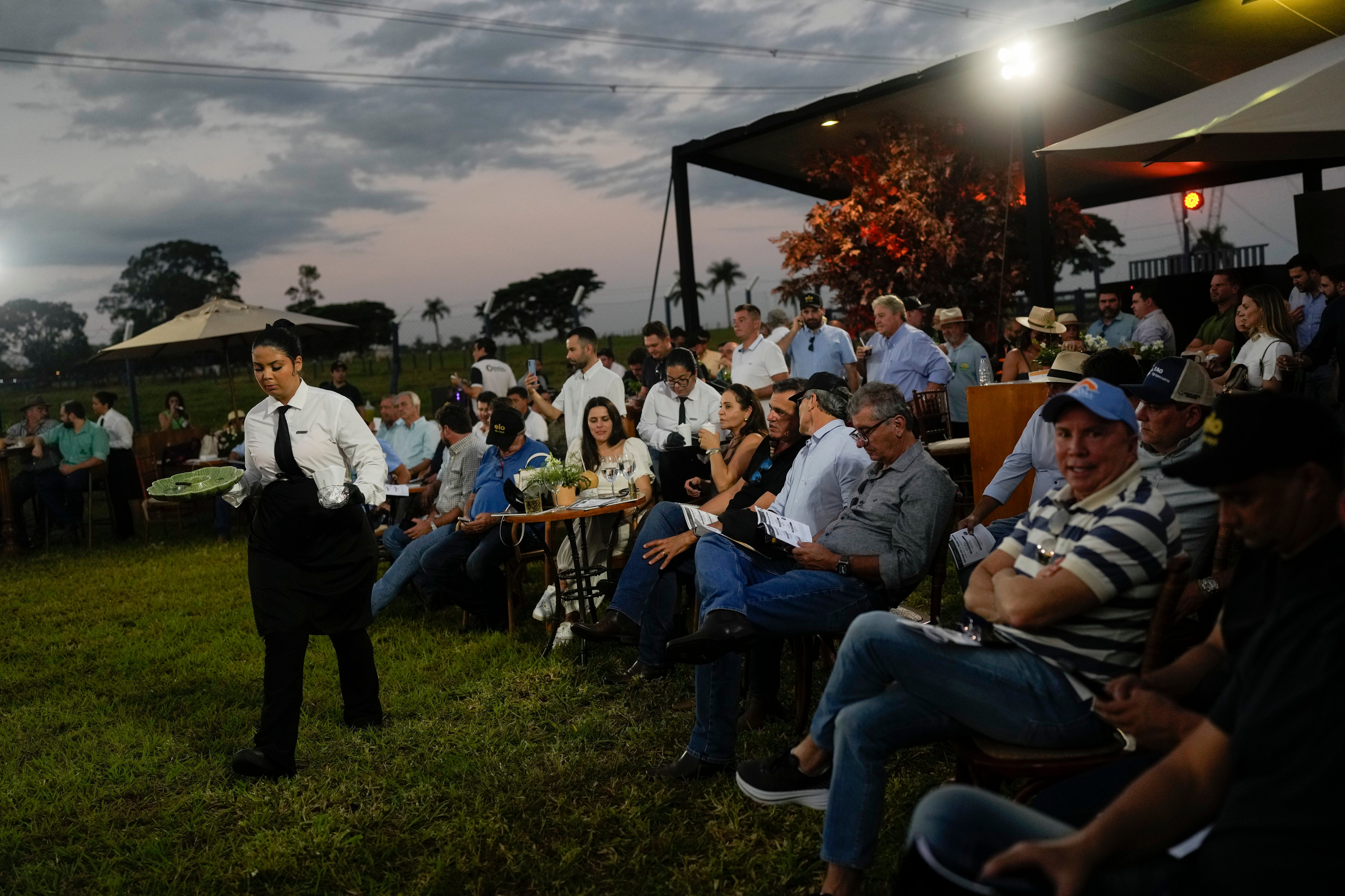 Attendees are served by waiters during the presentation of cows a day before the “Elo de Raça” auction