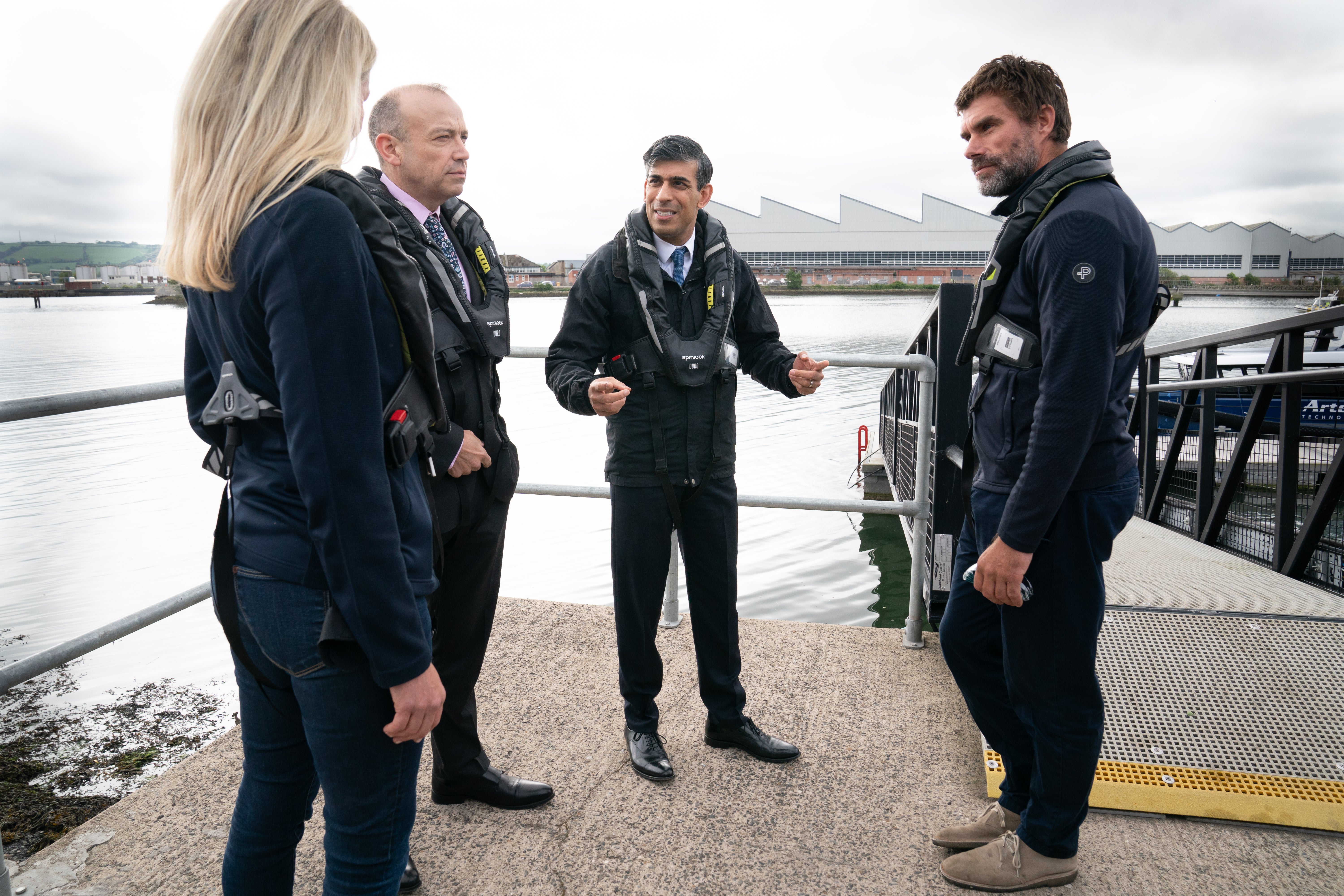 Rishi Sunak wears a life jacket during his visit to the Titanic Quarter