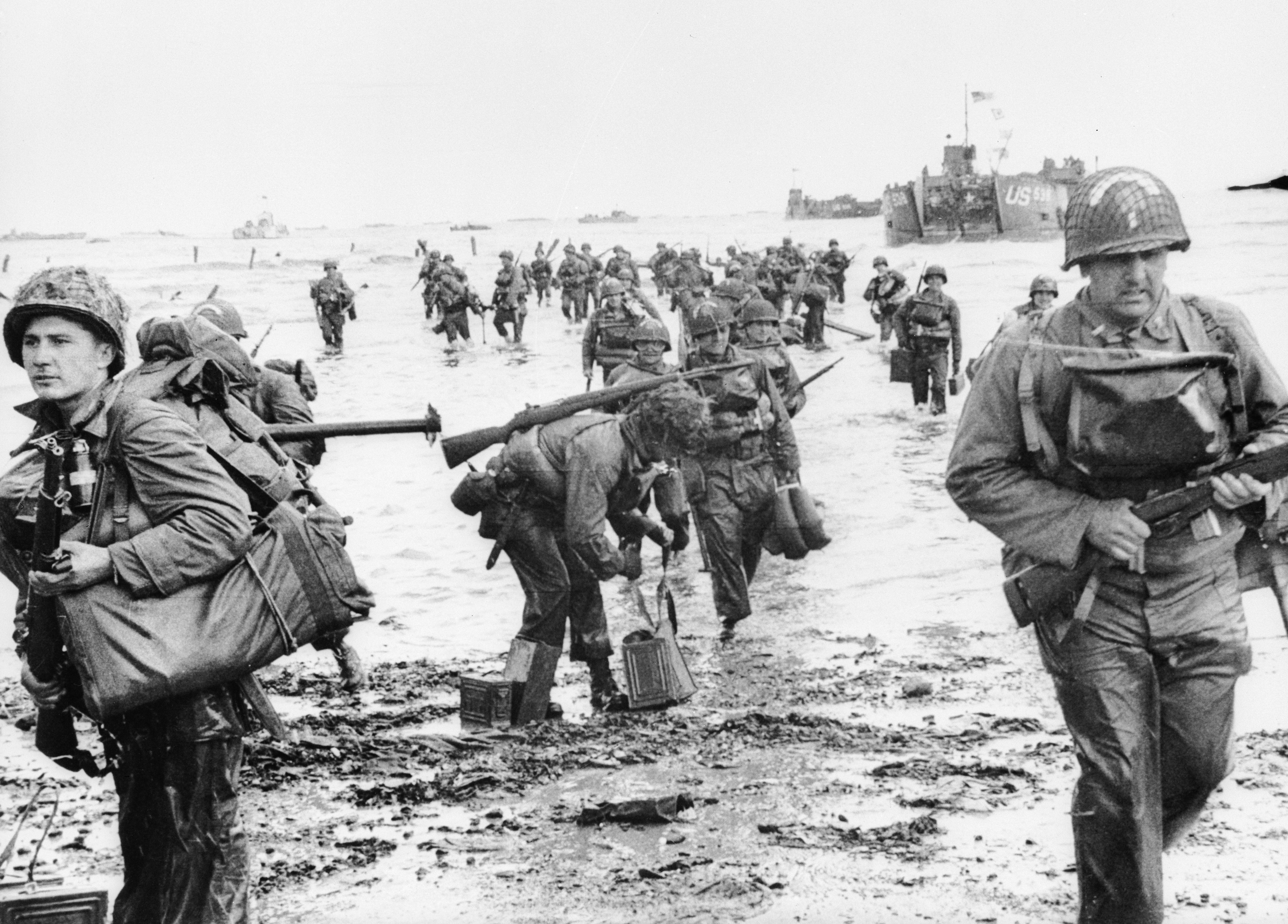 US assault troops landing on Omaha beach during the Invasion of Normandy