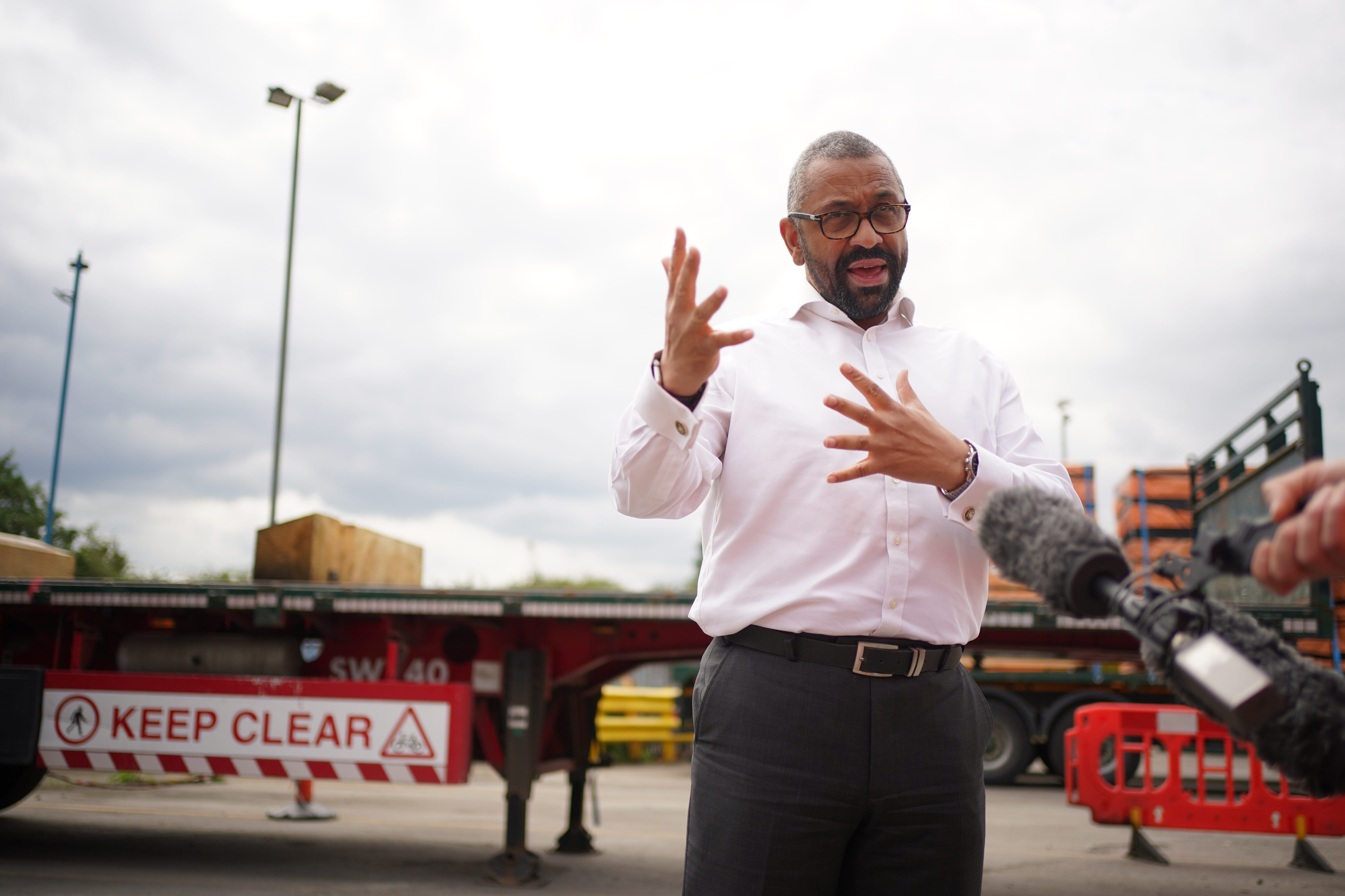 Home Secretary James Cleverly speaks to the media during a visit to Swain Group in Rochester, Kent (Yui Mok/PA)