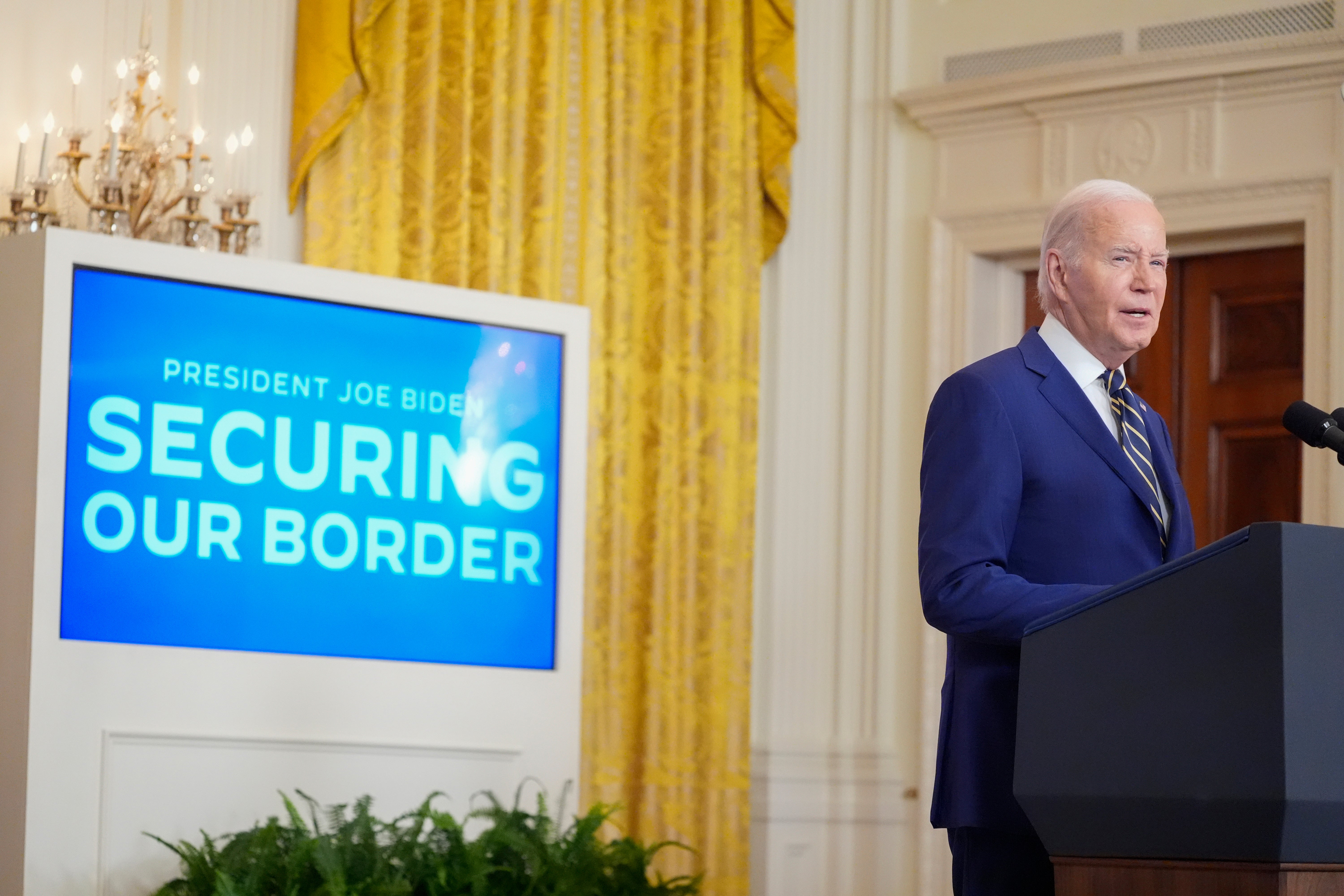 President Joe Biden speaks about an executive order in the East Room at the White House. The order gives him new control to shut down the border to crossings as he tries to rein in the amount of asylum seekers entering the US