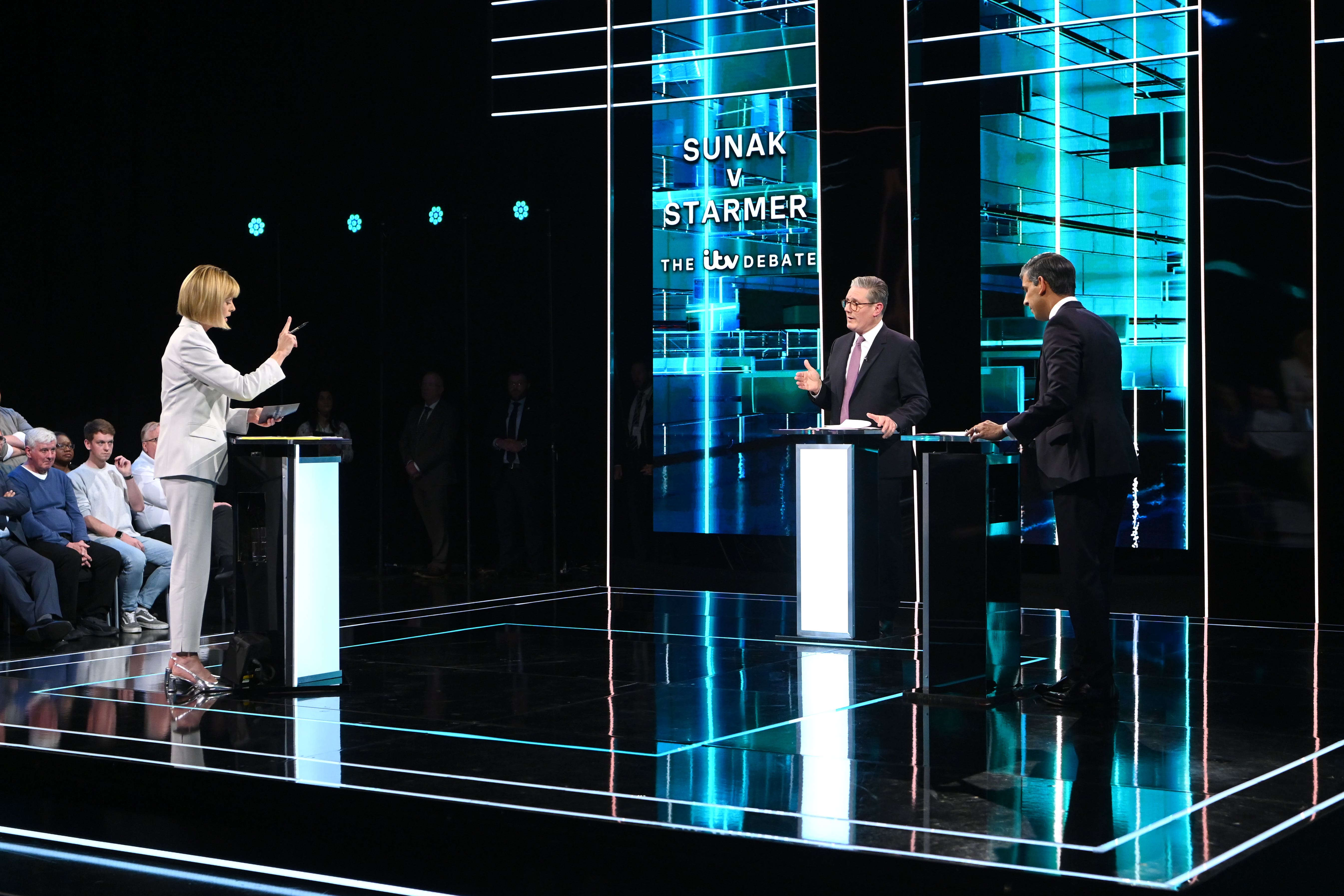 Prime Minister Rishi Sunak (right), host Julie Etchingham and Labour Party leader Sir Keir Starmer during the ITV General Election debate at MediaCity in Salford (Jonathan Hordle/ITV/PA)