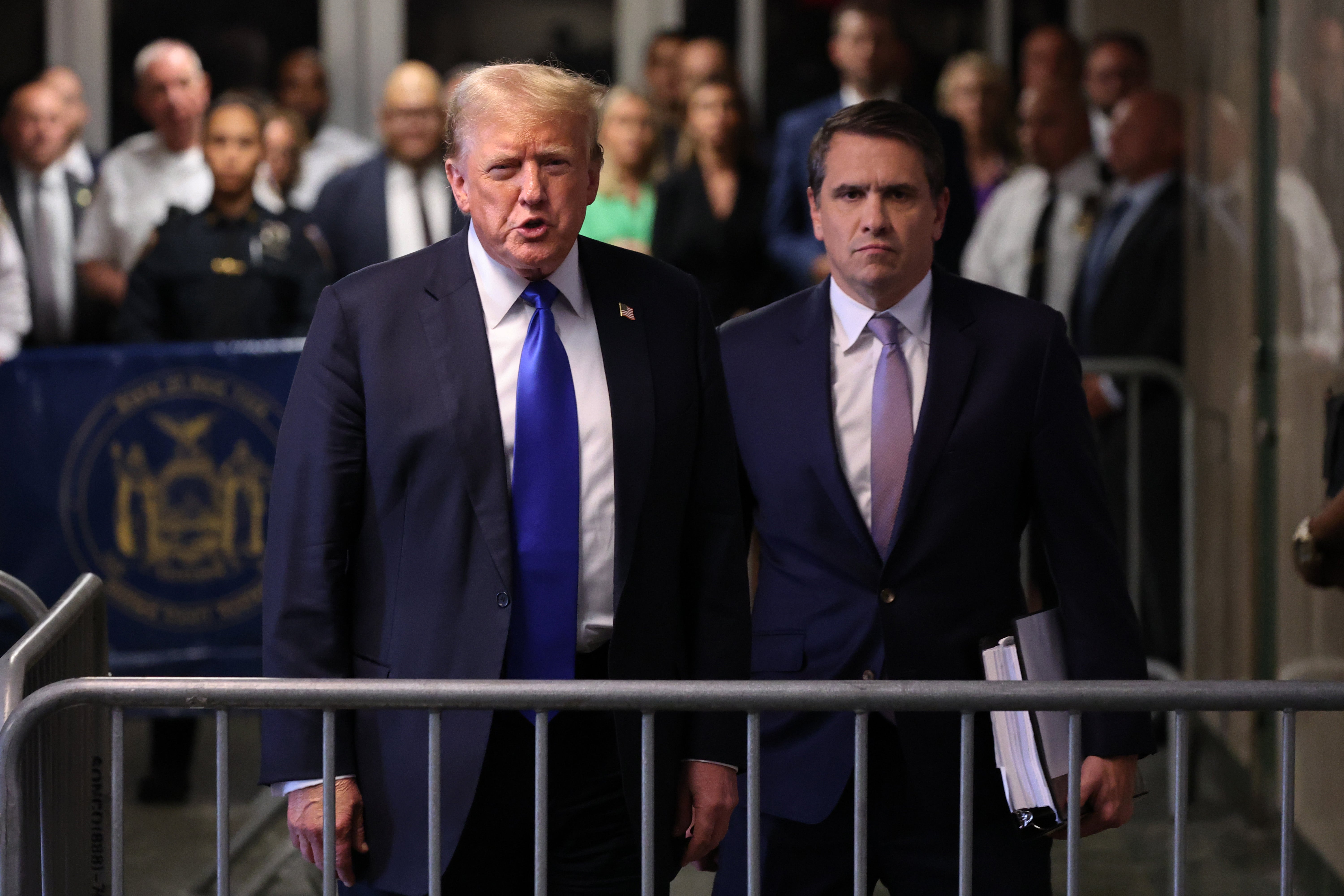 Donald Trump gives brief remarks alongside his attorney Todd Blanche after the conclusion of his hush money trial at Manhattan Criminal Court on May 30, 2024 in New York City