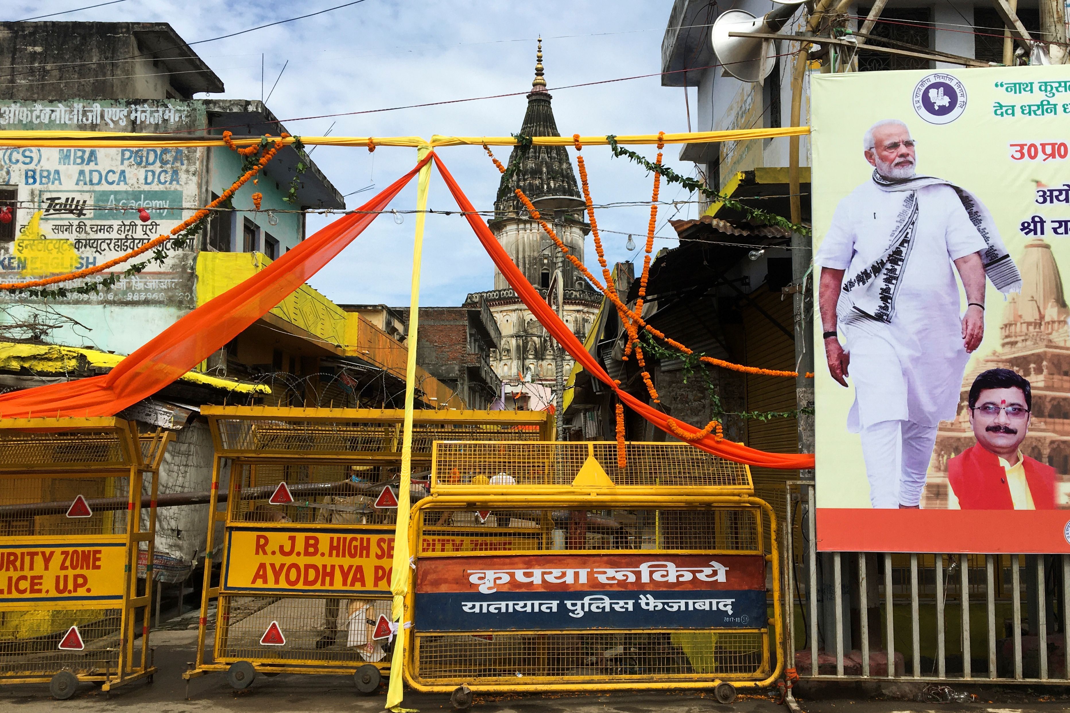 Police block a road before the arrival of India’s prime minister Narendra Modi to participate in the groundbreaking ceremony of the Ram Temple in Ayodhya in 2020