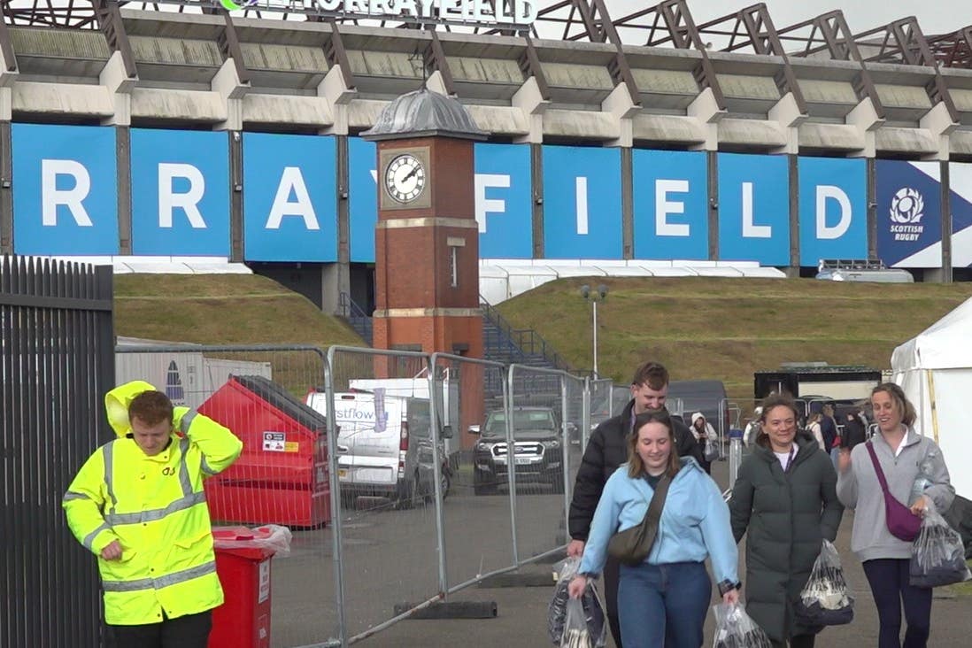 A group of Taylor Swift fans leave Murrayfield Stadium after purchasing merchandise ahead of the UK leg of her Eras tour (Ryan McDougall/PA)