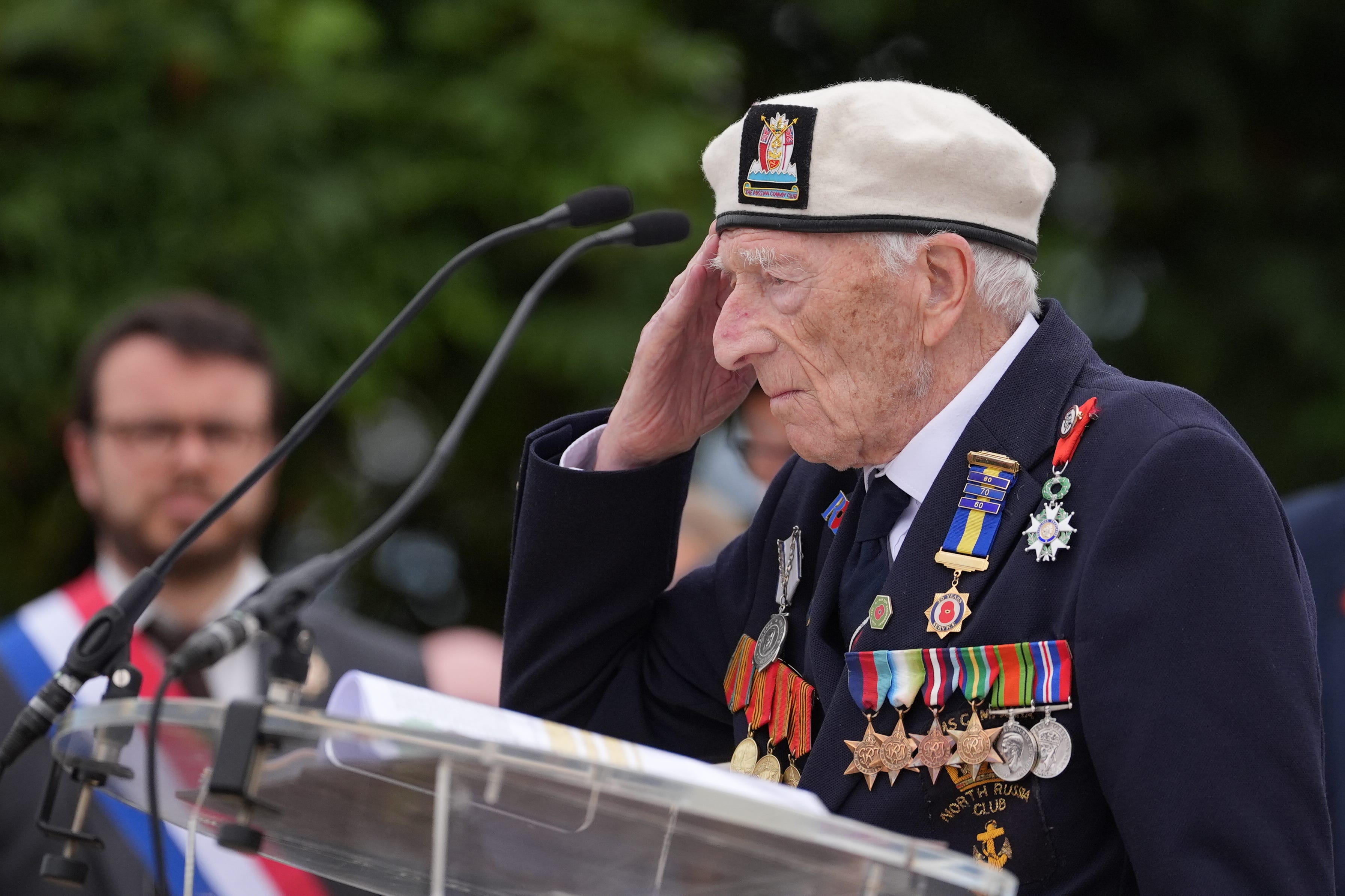 D-Day veteran Alec Penstone, 98, salutes as he speaks at the statue of Field Marshal Montgomery during the Spirit of Normandy Trust service in Coleville-Montgomery, France, ahead of the 80th anniversary of D-Day (Gareth Fuller/PA)