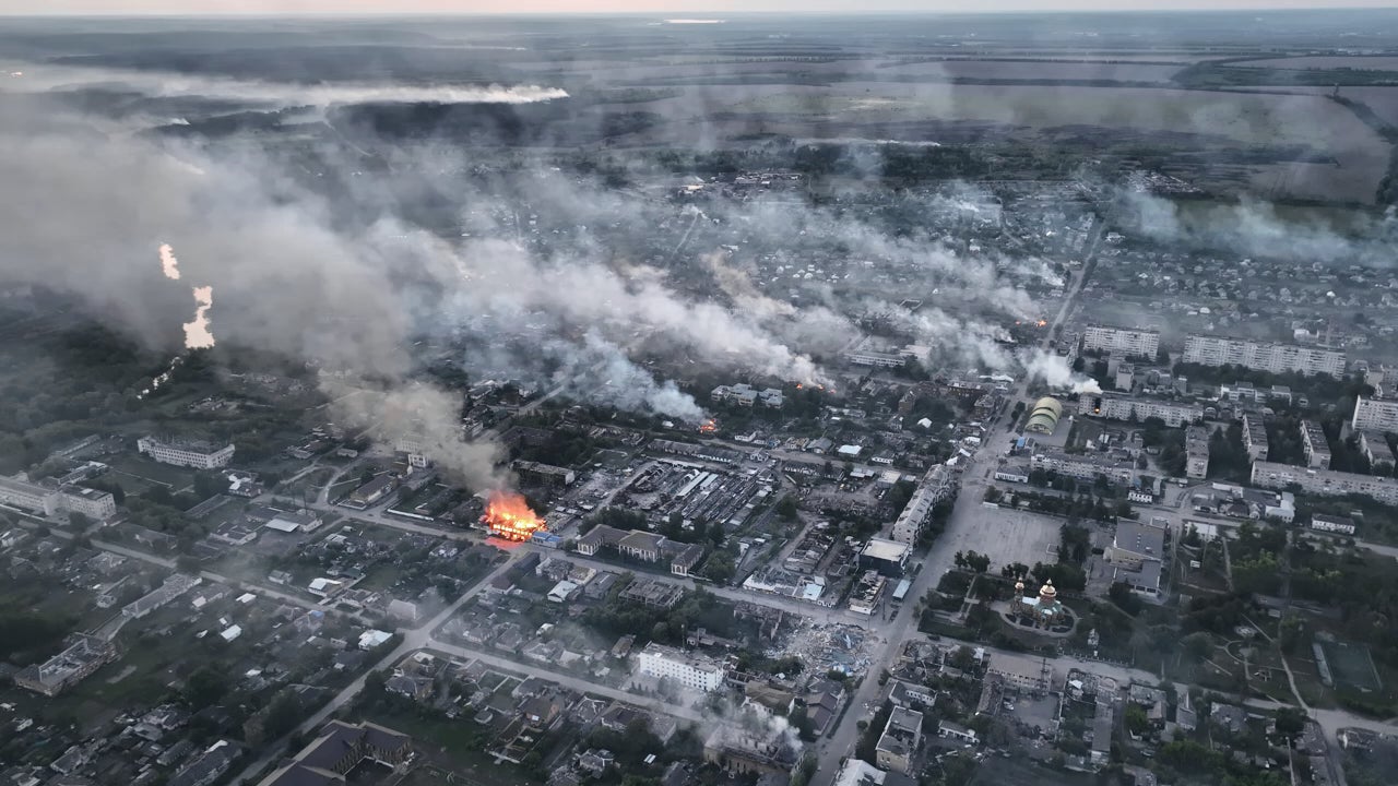 Russian forces turned the town of Vovchansk into a fiery hell of damaged buildings