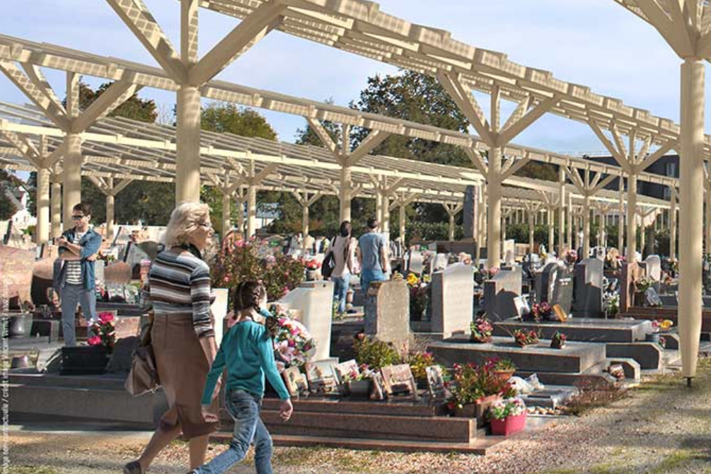 Solar panels above a cemetery in the French commune of Saint-Joachim