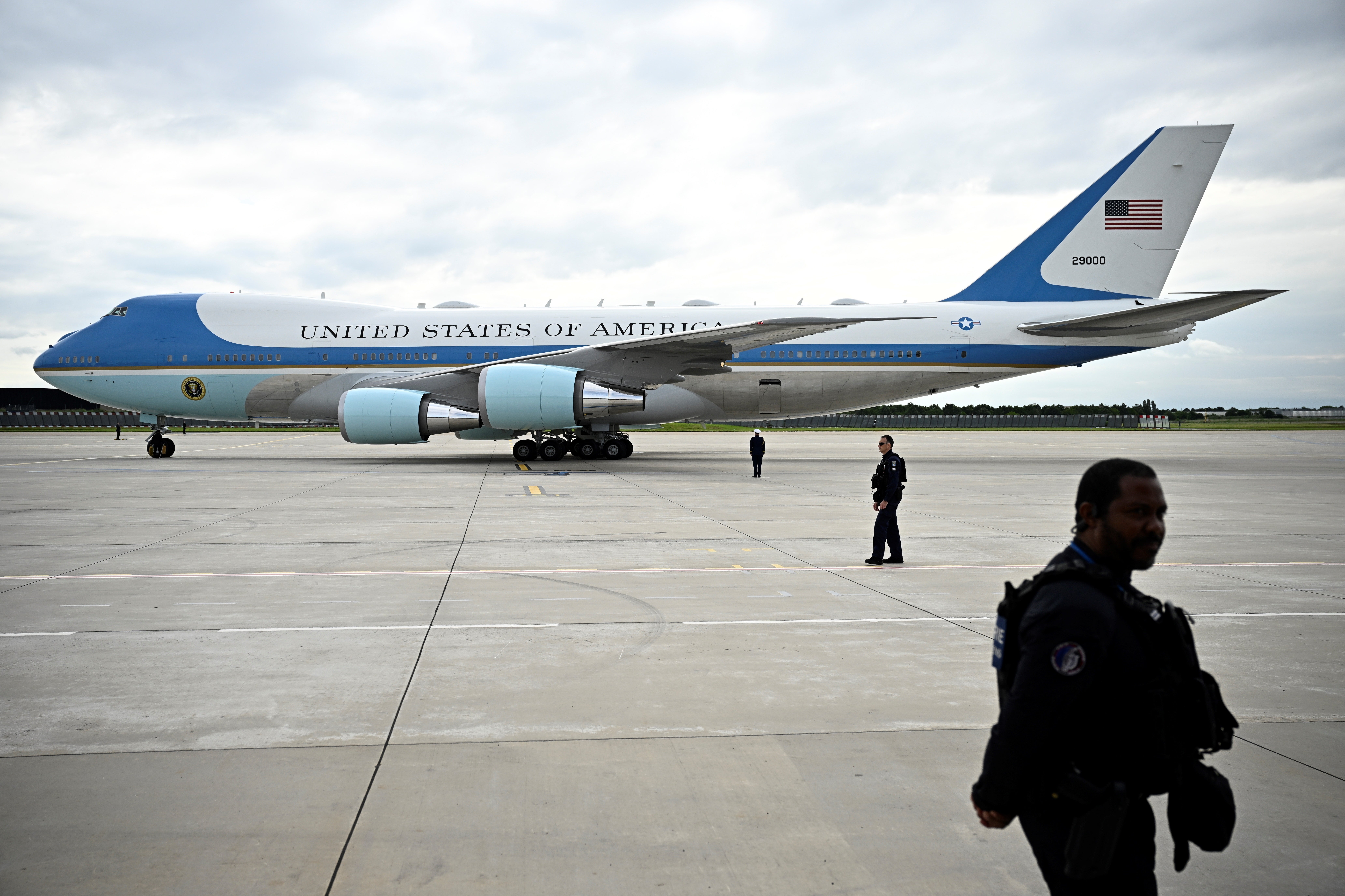 Police officers were guarding the tarmac after the ‘Air Force One’ plane carrying Joe Biden landed at Paris Orly airport on Wednesday