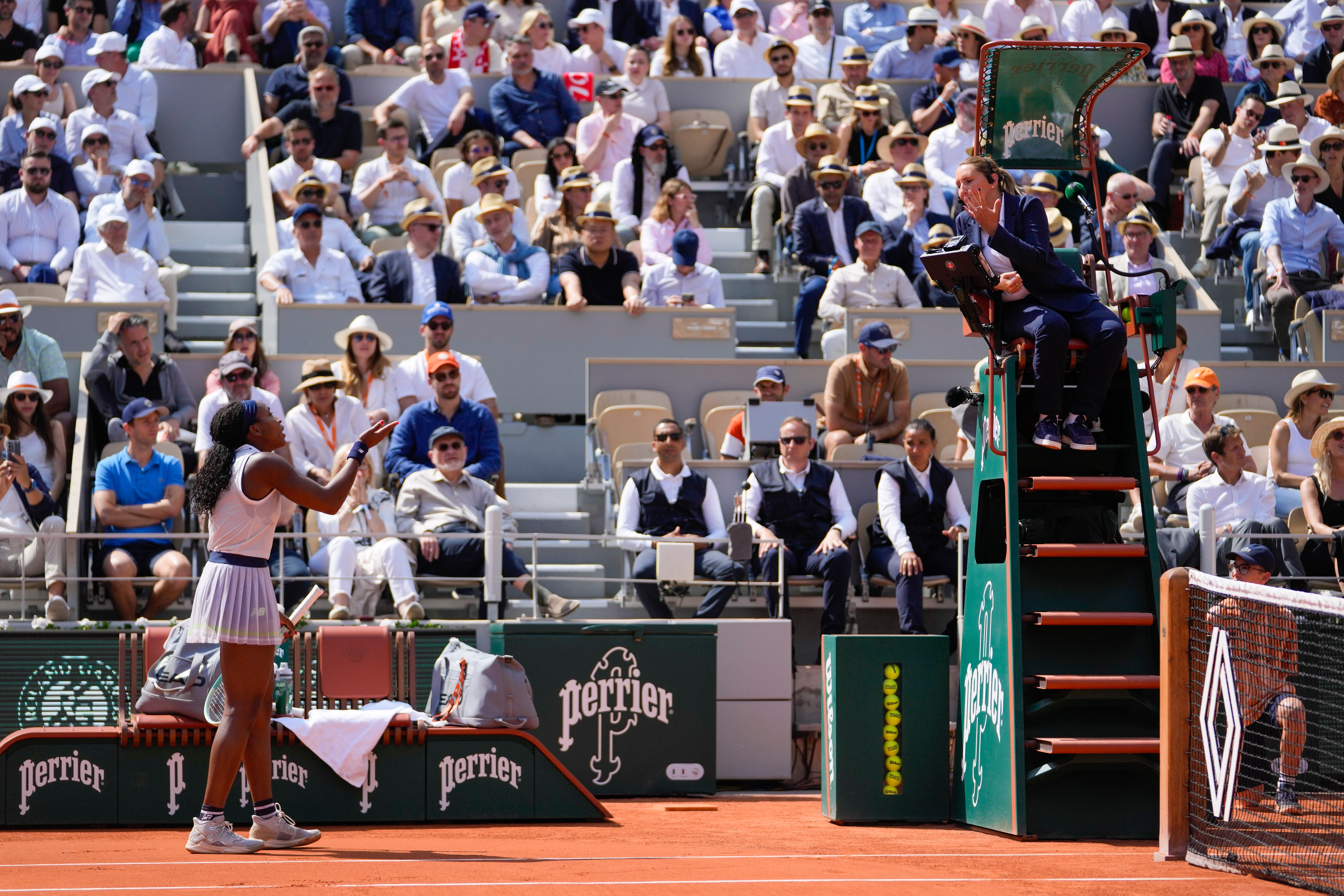 Coco Gauff argues with the chair umpire (Thibault Camus/AP)