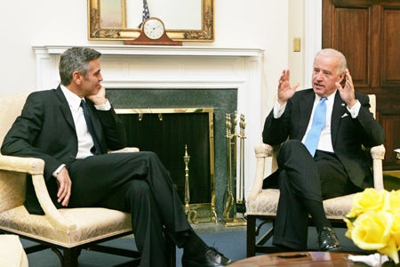 Joe Biden, then vice-president, meets George Clooney at the White House in 2009