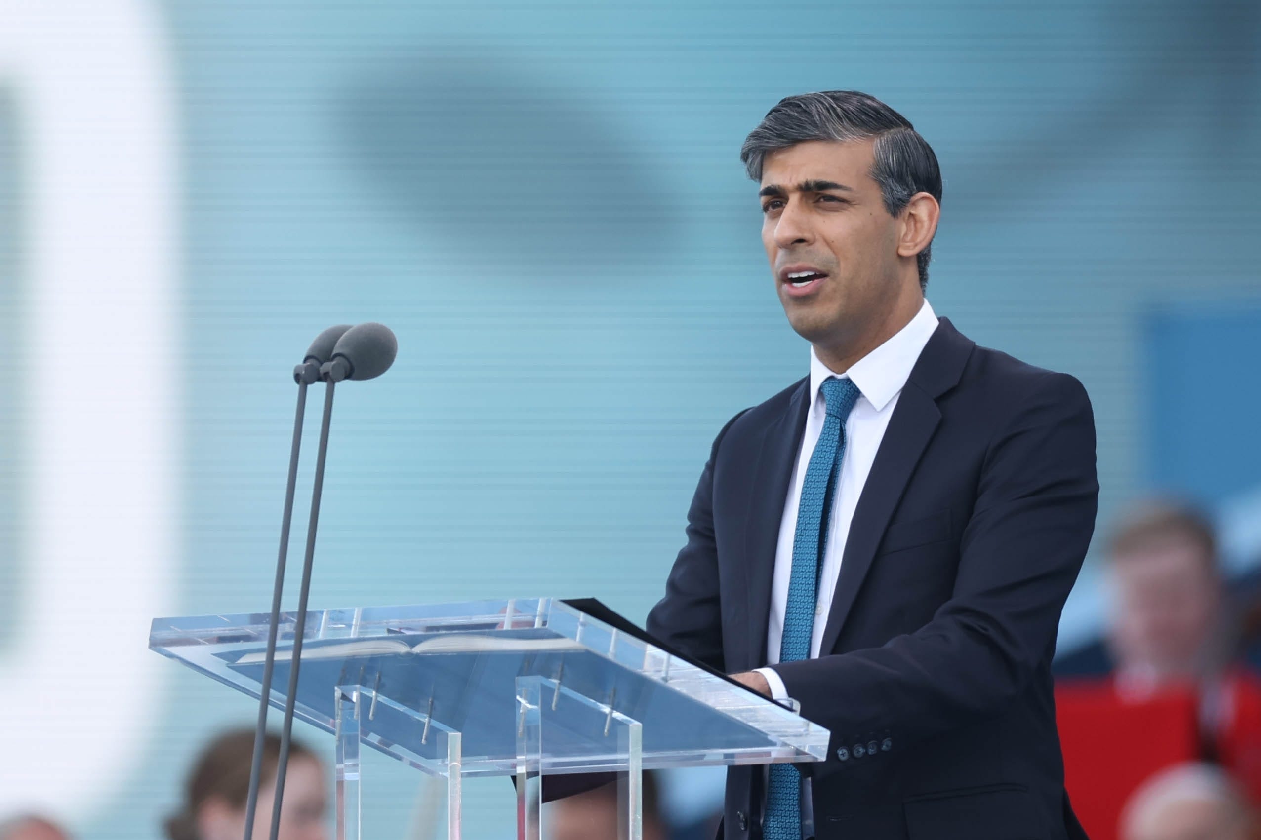 Rishi Sunak spoke in Portsmouth for the 80th anniversary of D-Day, before facing criticism for missing some events in France. (Neil Hall/PA)