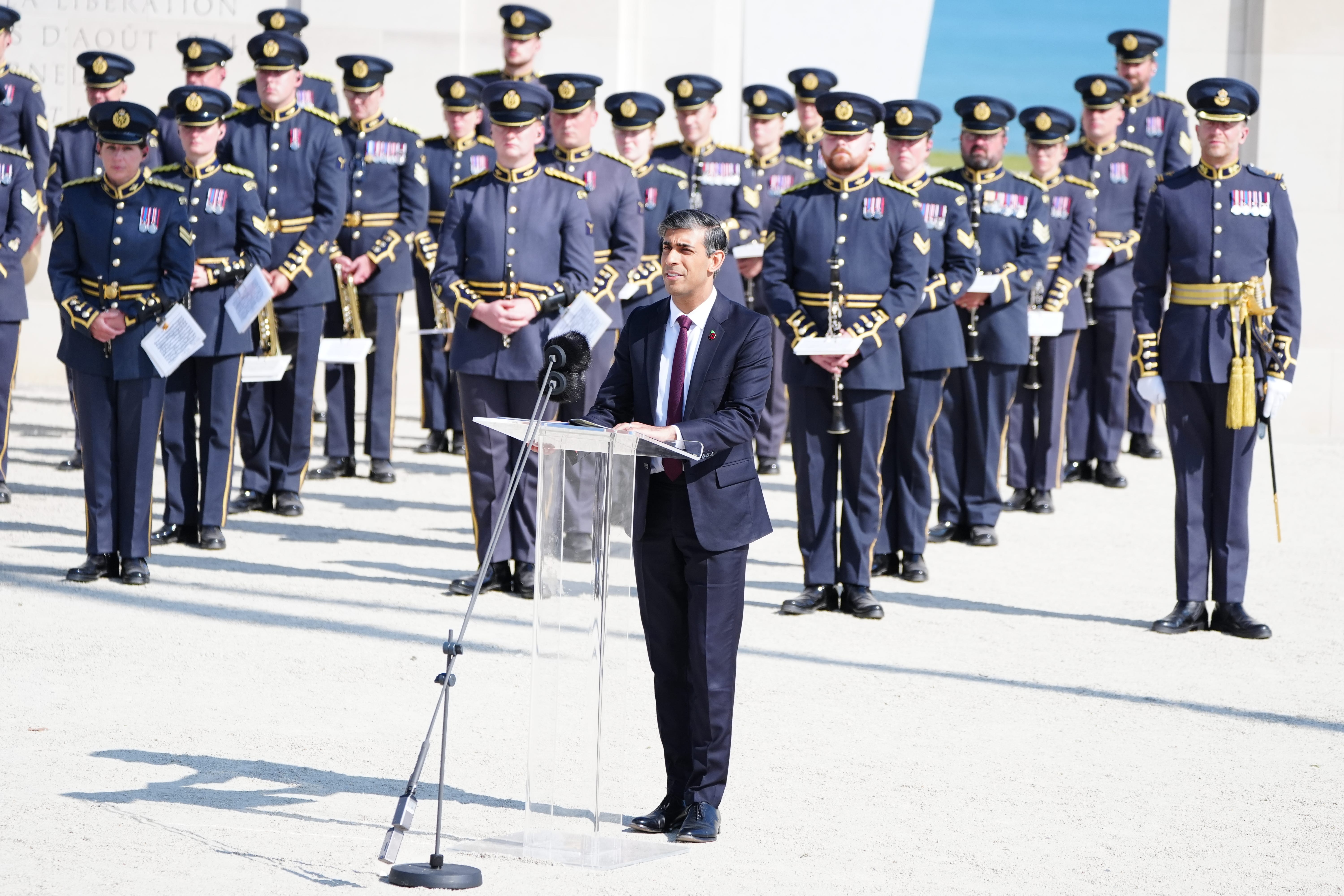 Prime Minister Rishi Sunak speaking during the UK national commemorative event for the 80th anniversary of D-Day, held at the British Normandy Memorial in Ver-sur-Mer, Normandy, France (Jane Barlow/PA)