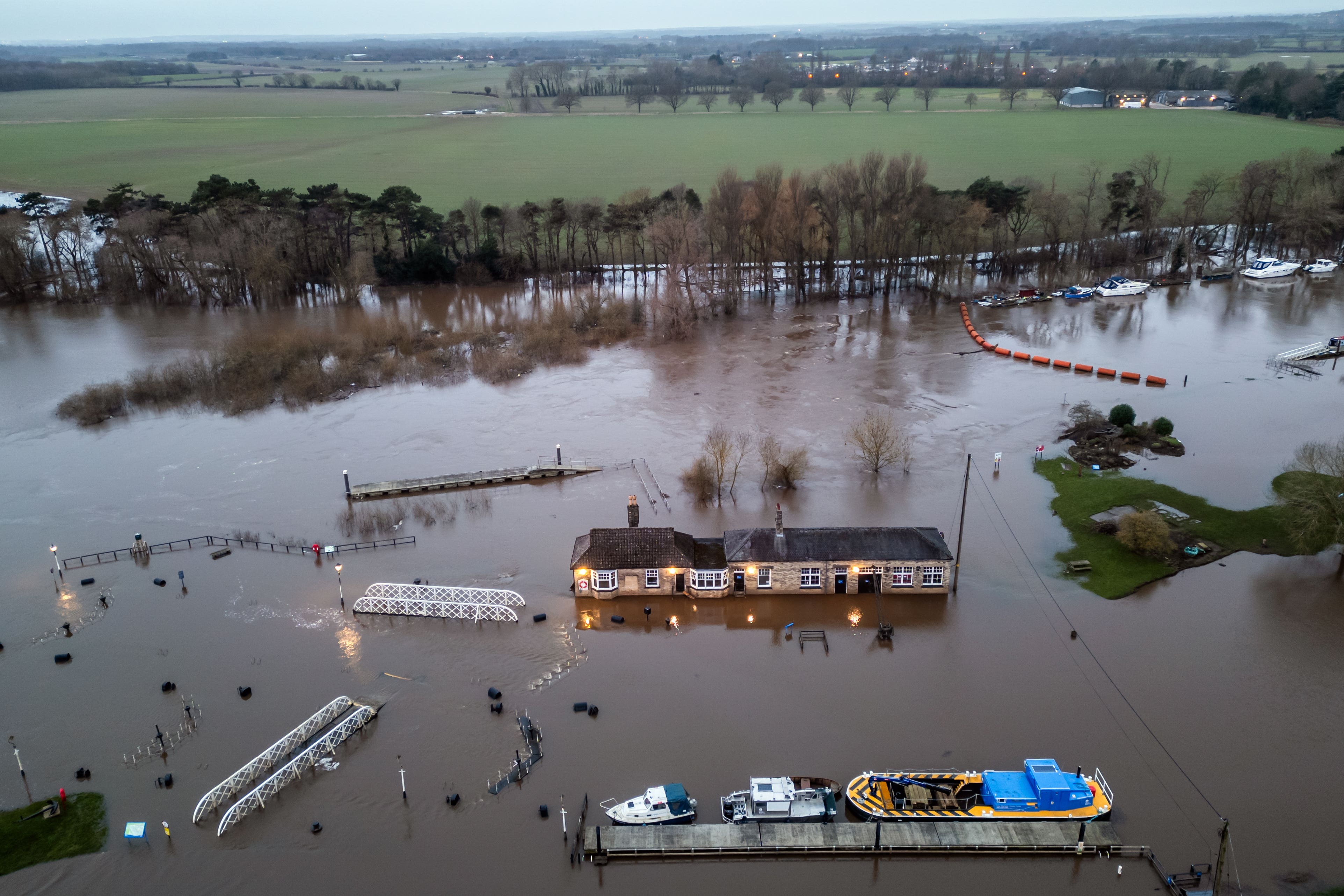 Flood water at Naburn Lock on the outskirts of York in January (PA)