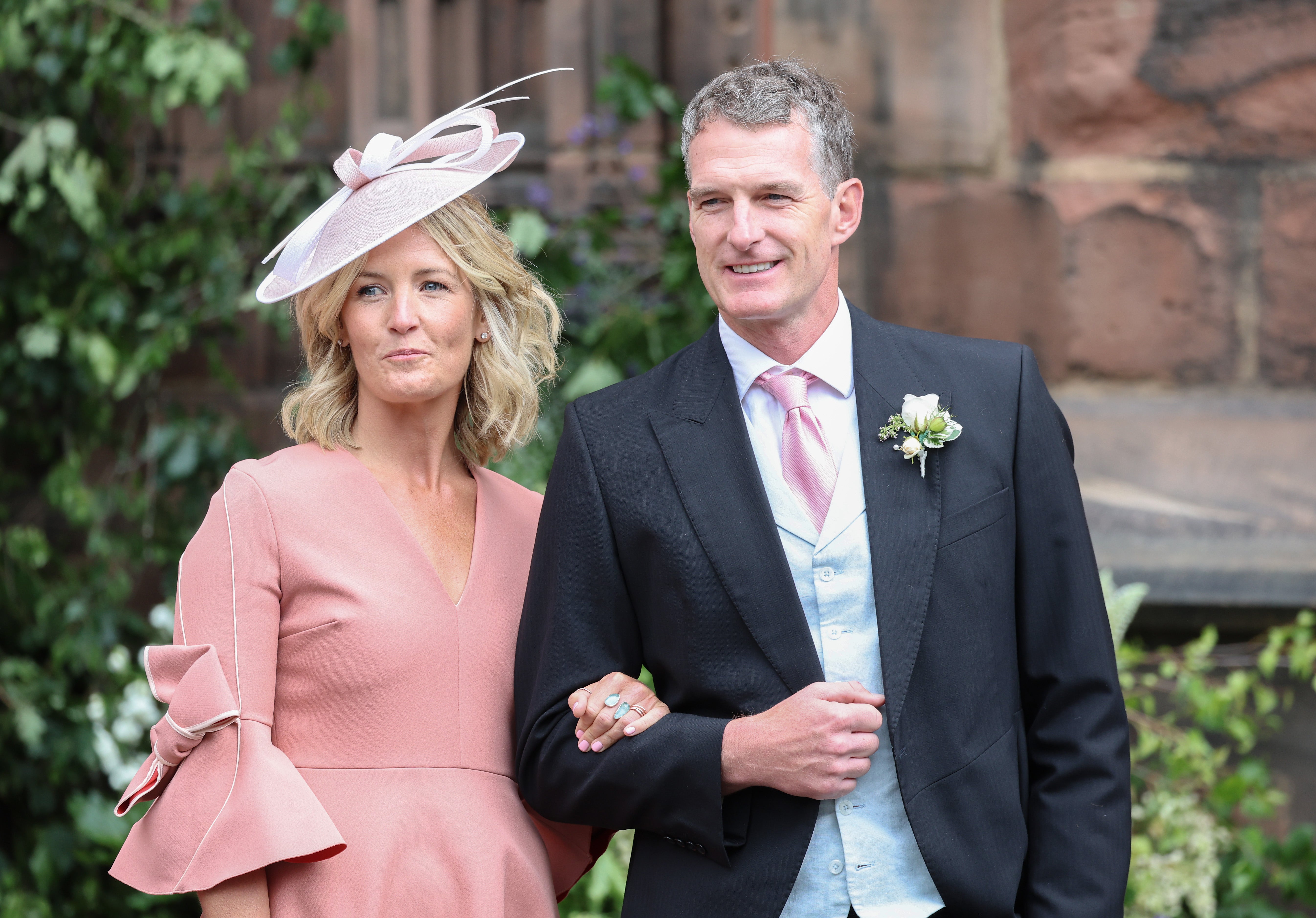 Lady Edwina Grosvenor and her husband Dan Snow after the wedding ceremony of her brother, Hugh Grosvenor, the seventh Duke of Westminster at Chester Cathedral in 2024