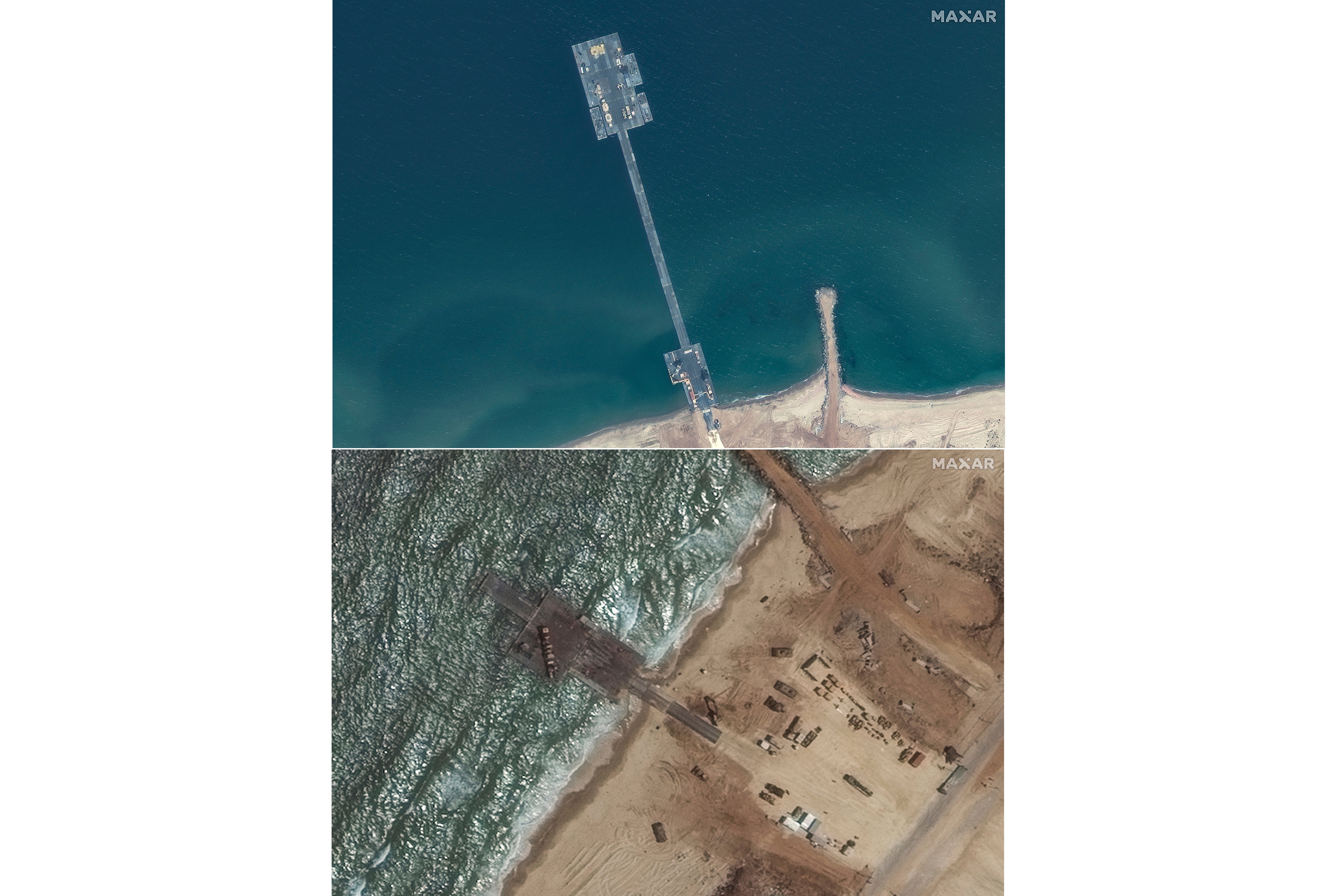 These images released by Maxar Technologies show the newly completed pier in the Gaza Strip on May 18, 2024, top, and the remaining section of the temporary pier on May 29, 2024