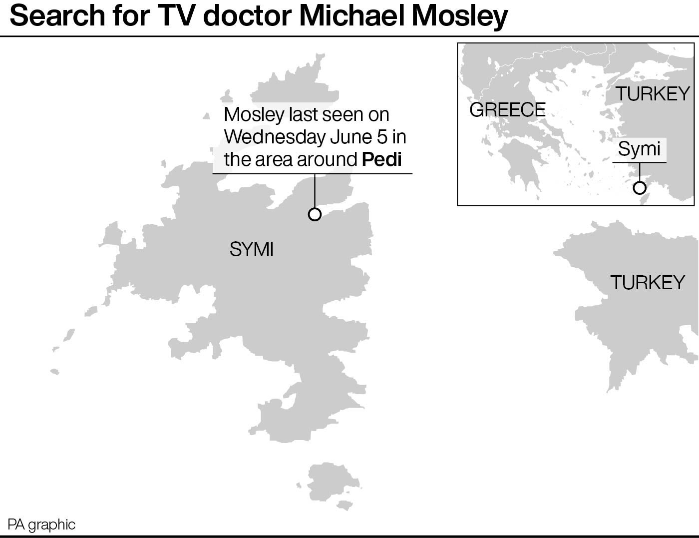 A map pinpoints where Mosley was last seen on the island of Symi