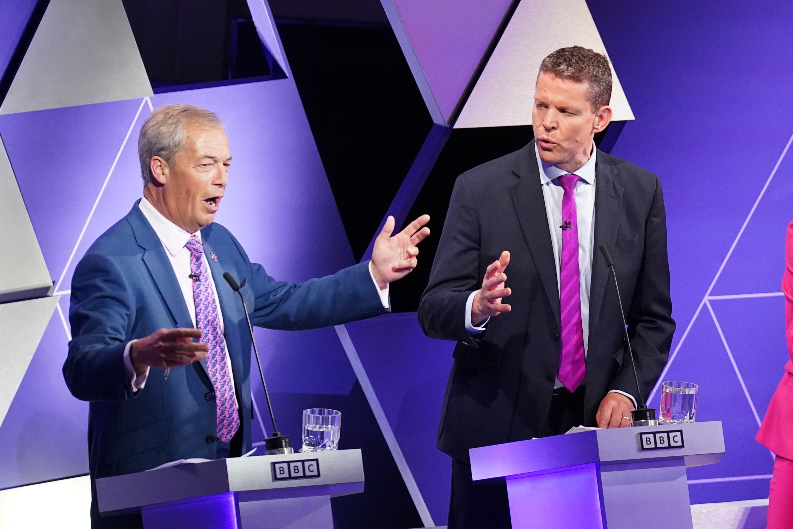 Reform UK leader Nigel Farage (left) and leader of Plaid Cymru Rhun ap Iorwerth take part in the BBC Election Debate (Stefan Rousseau/PA)