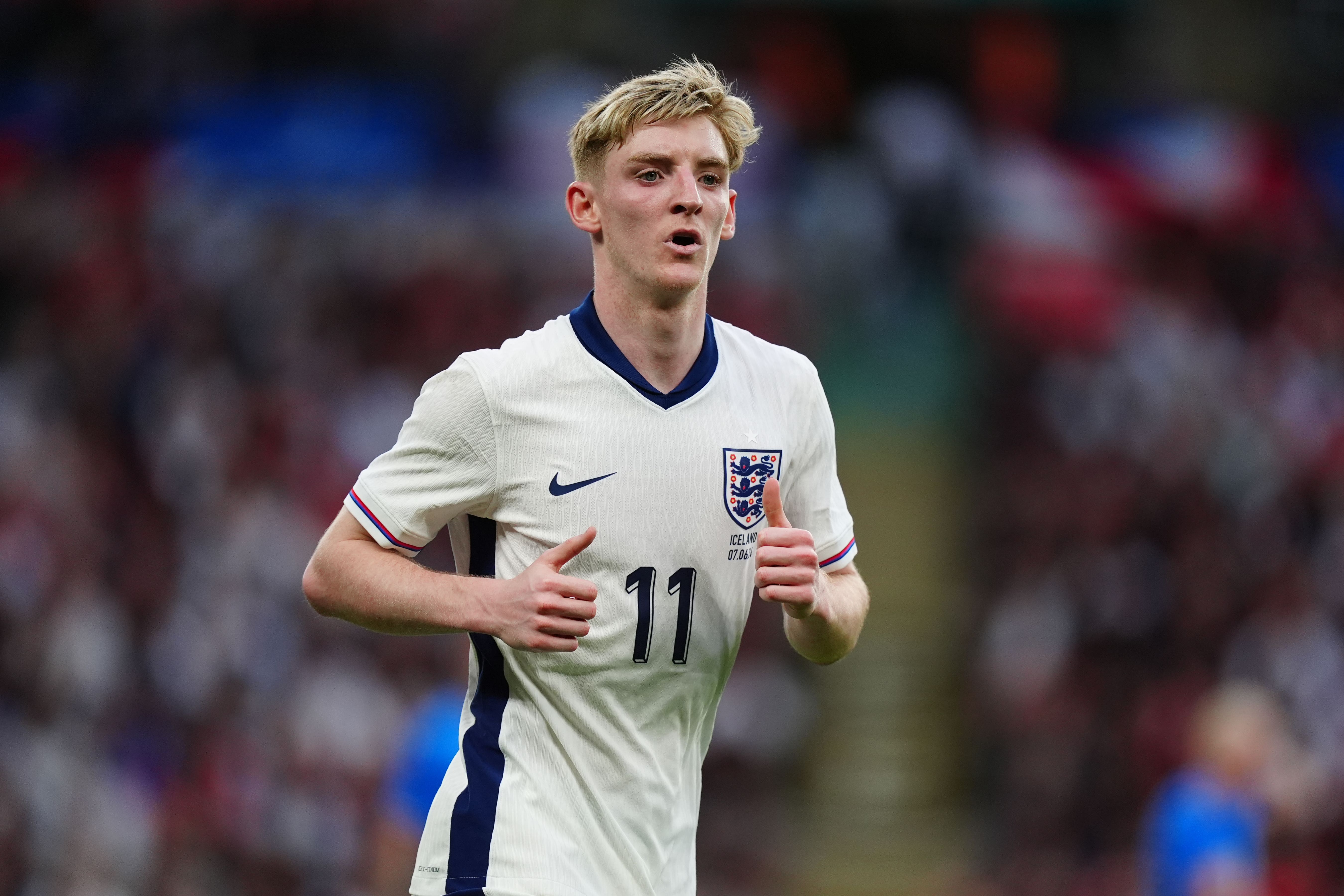 England’s Anthony Gordon during the friendly defeat by Iceland (Mike Egerton/PA)