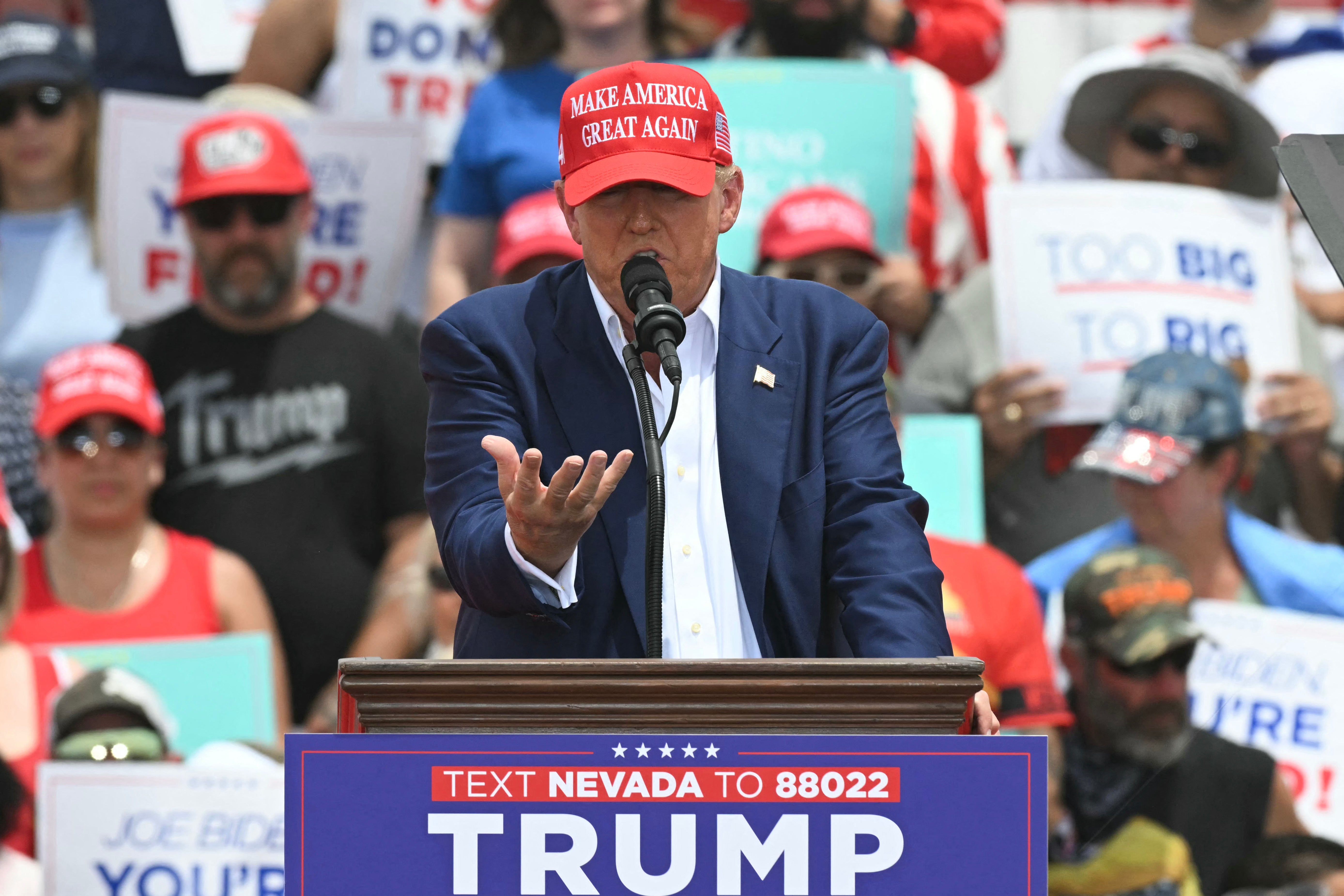 Former US President and Republican presidential candidate Donald Trump speaks during a campaign rally at Sunset Park in Las Vegas, Nevada on June 9, 2024