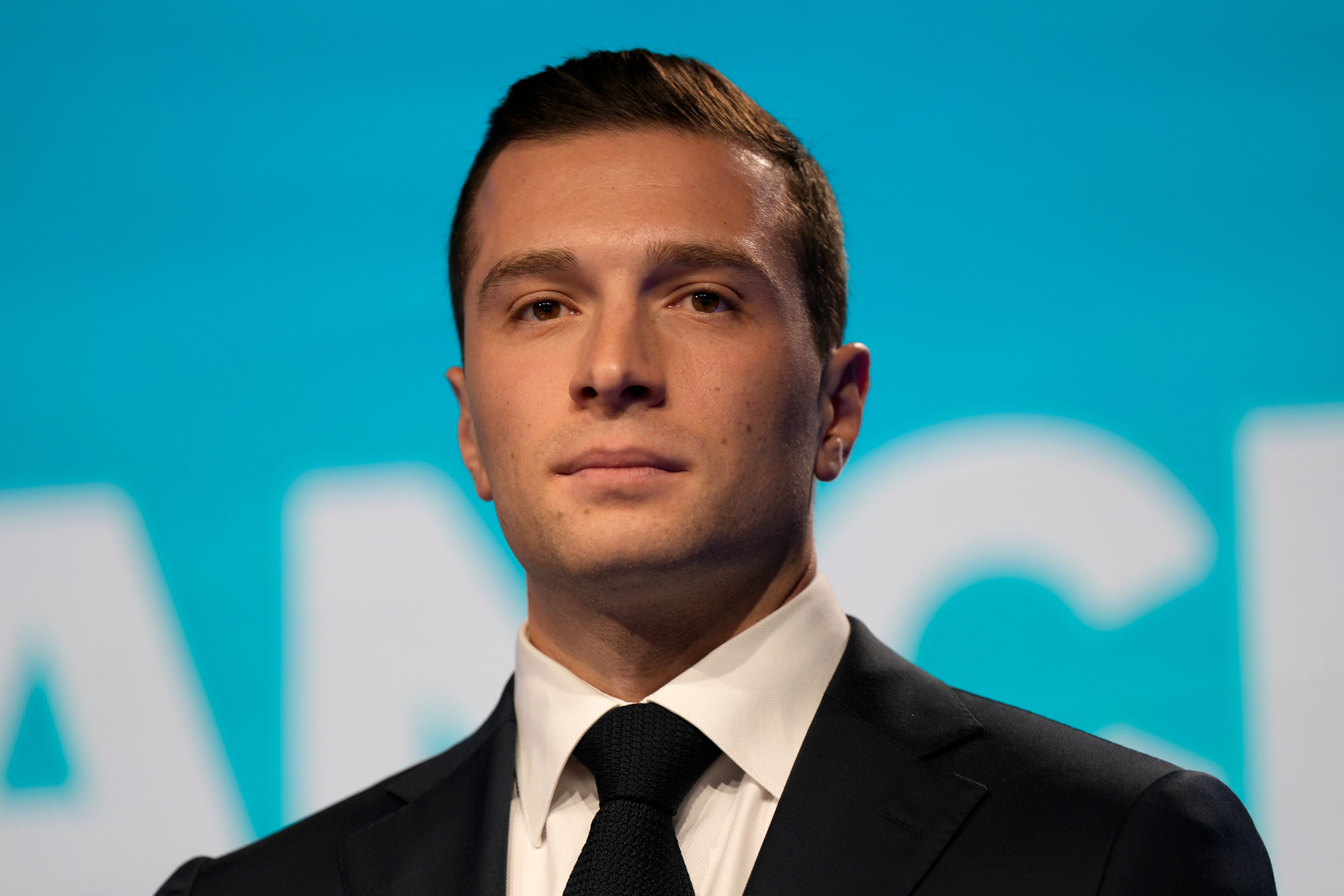 Jordan Bardella, president of the National Rally, at the party election night headquarters on Sunday