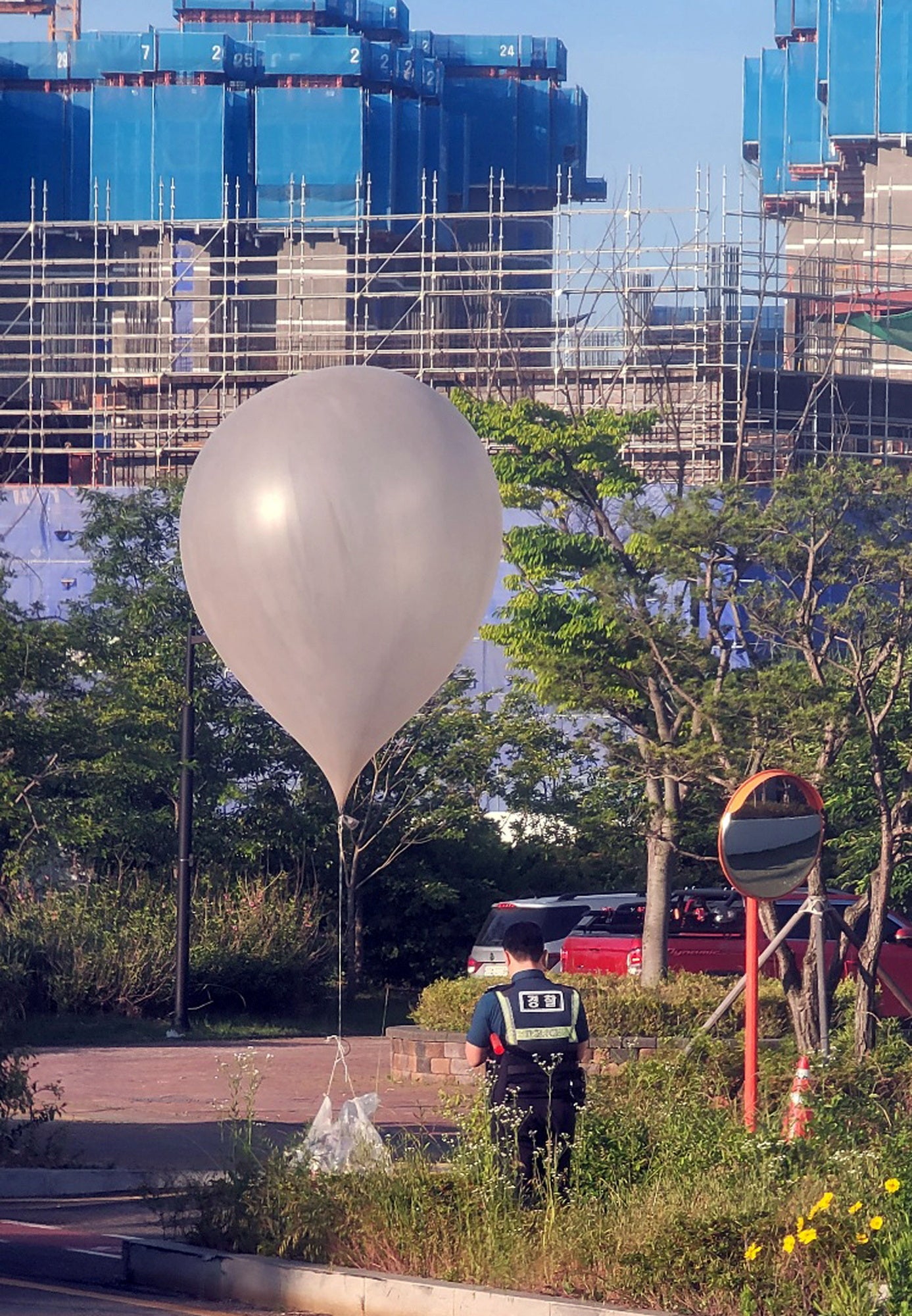 A balloon believed to have been sent by North Korea, carrying various objects including what appeared to be trash