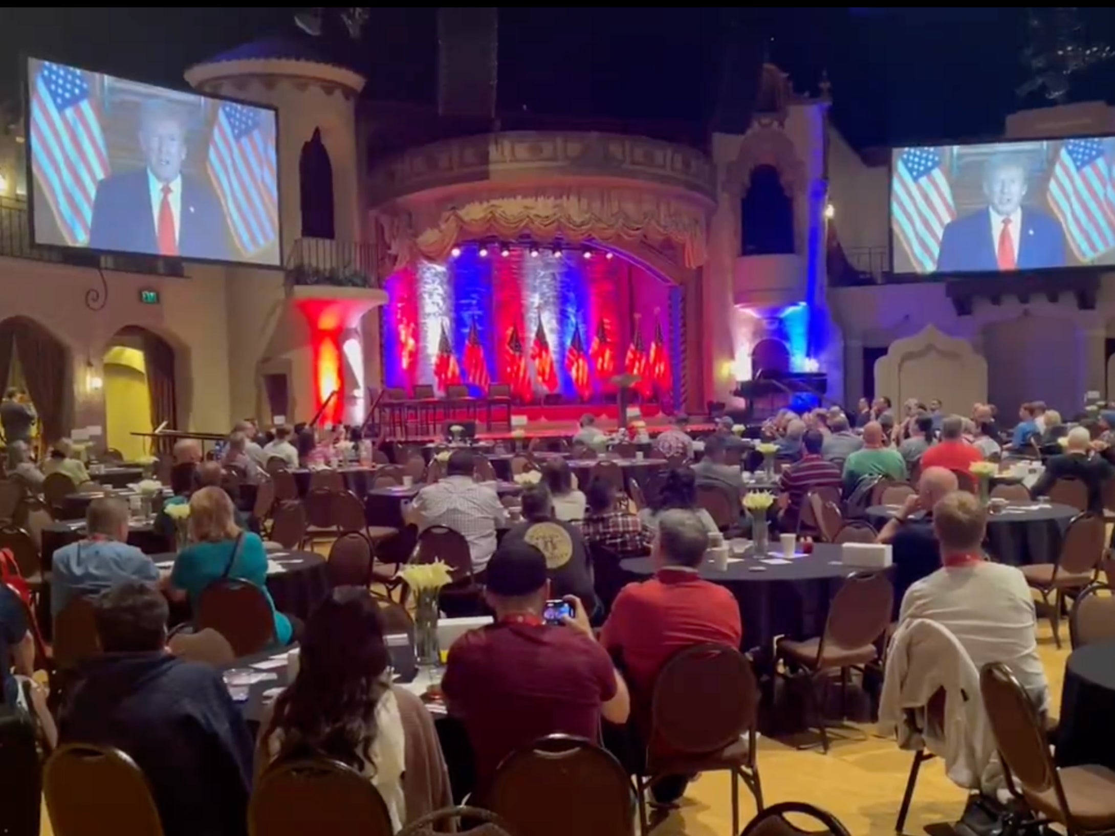 Trump’s remarks were broadcast to a half-empty room at the Indiana roof ballroom in Indianapolis