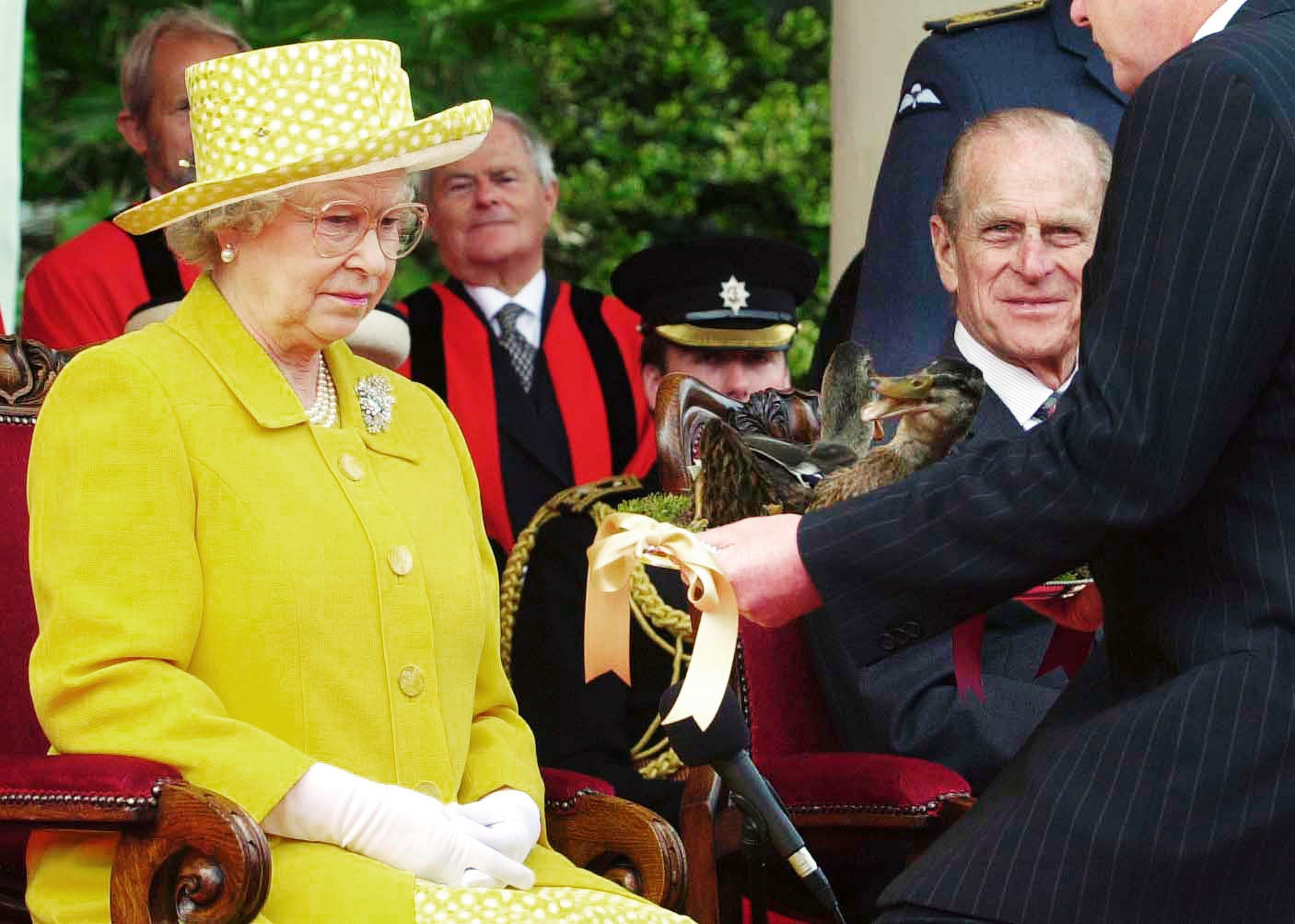 Queen Elizabeth II presented two dead female mallards on a silver platter in an act of homage by Steve Morgan, Seigneur of the Parish of Trinity on the island of Jersey.