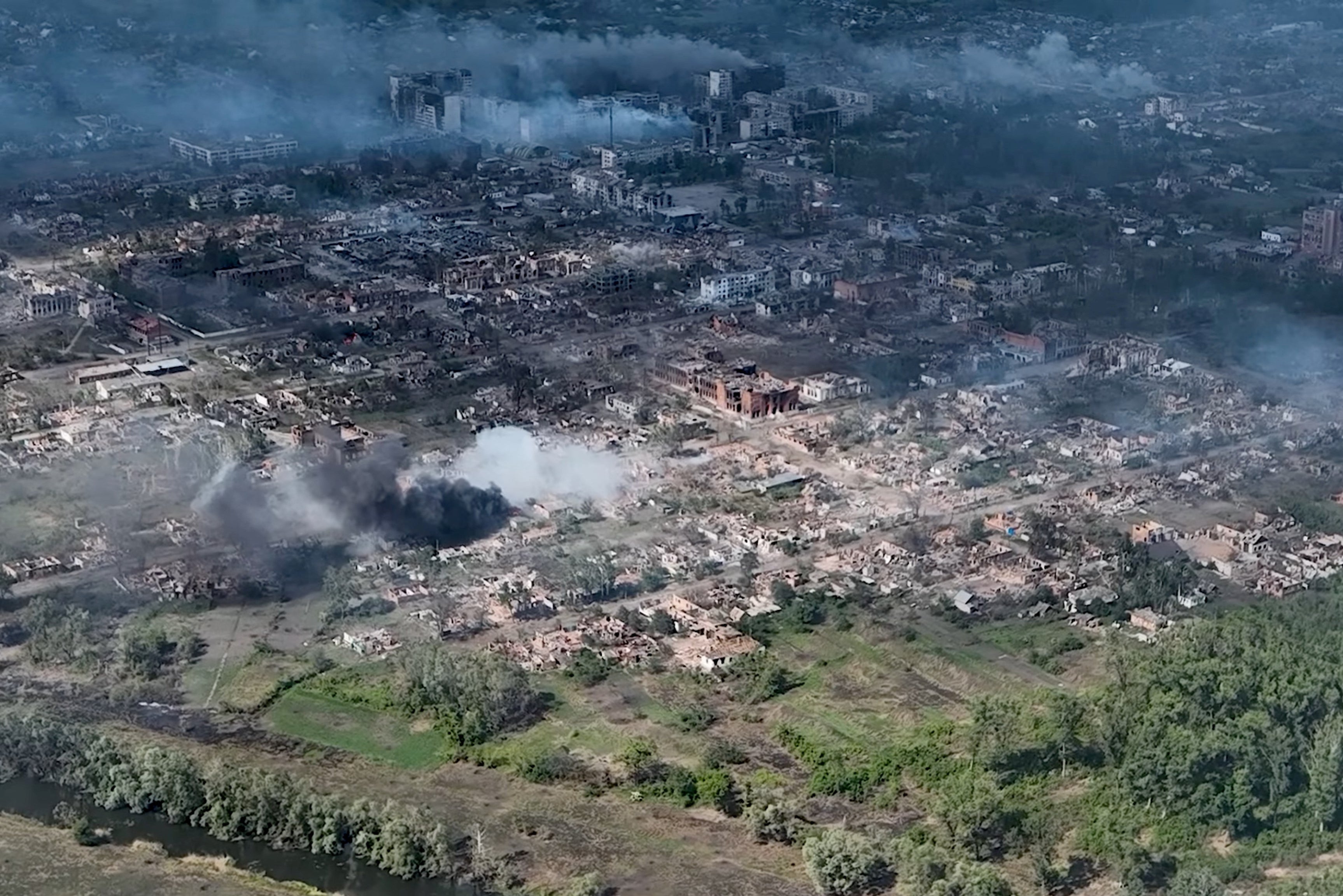 The aftermath of a strike on Vovchansk, in the Kharkiv region